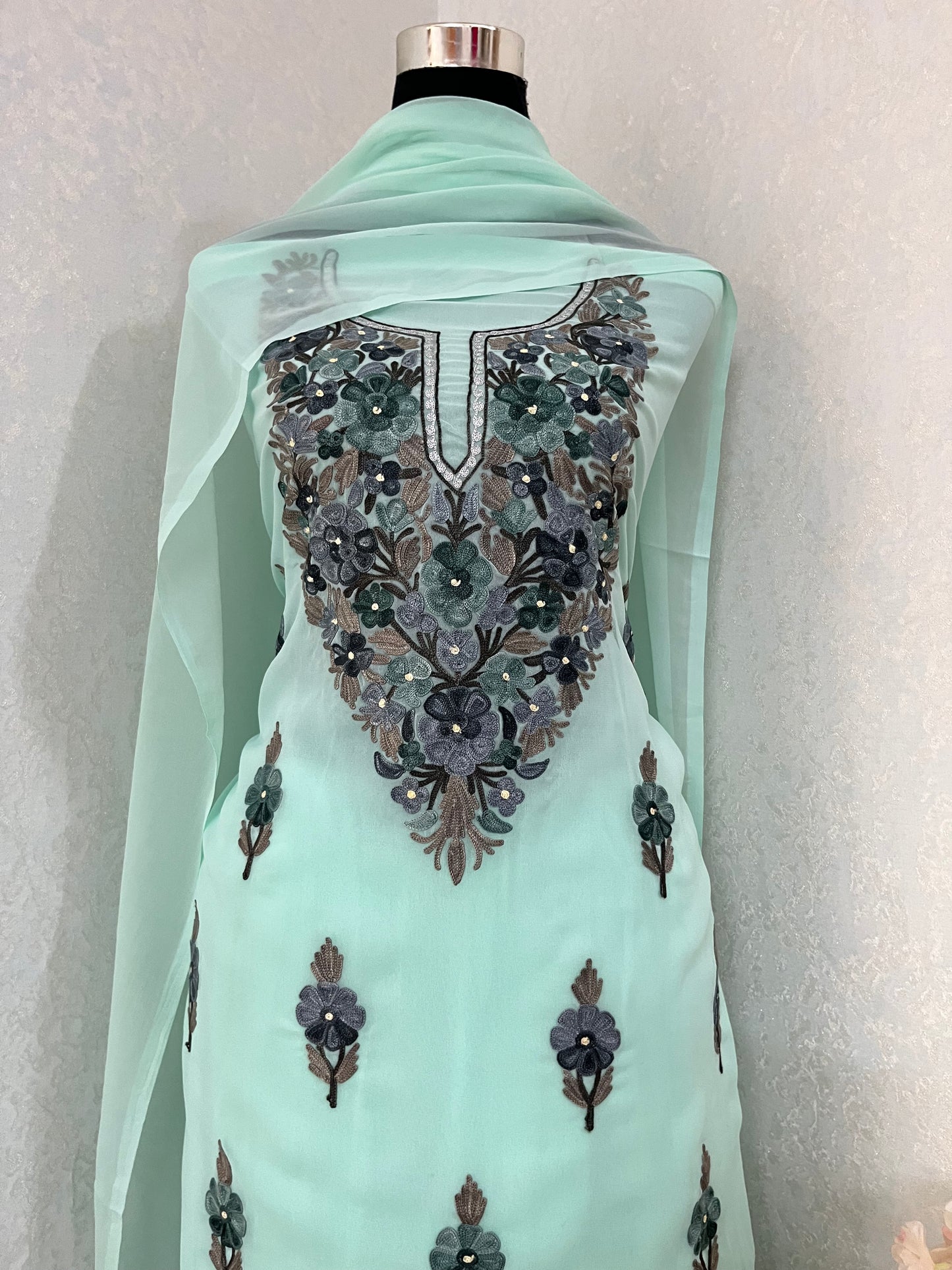 Mint Green Georgette 3Pc Kashmiri Suit