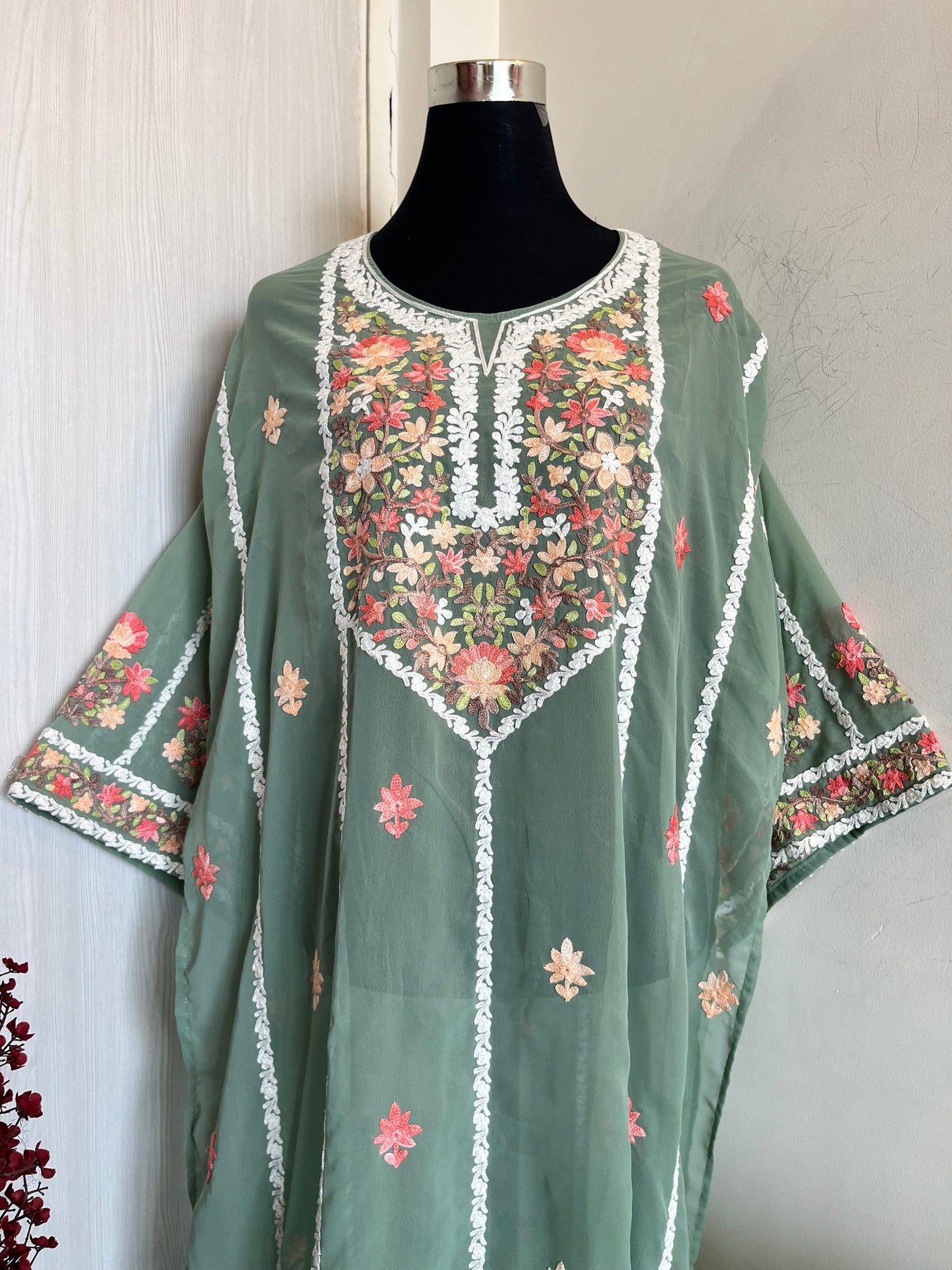 Pastel Green Georgette All over Work Aari Embroidered Unstitched Kurta Material