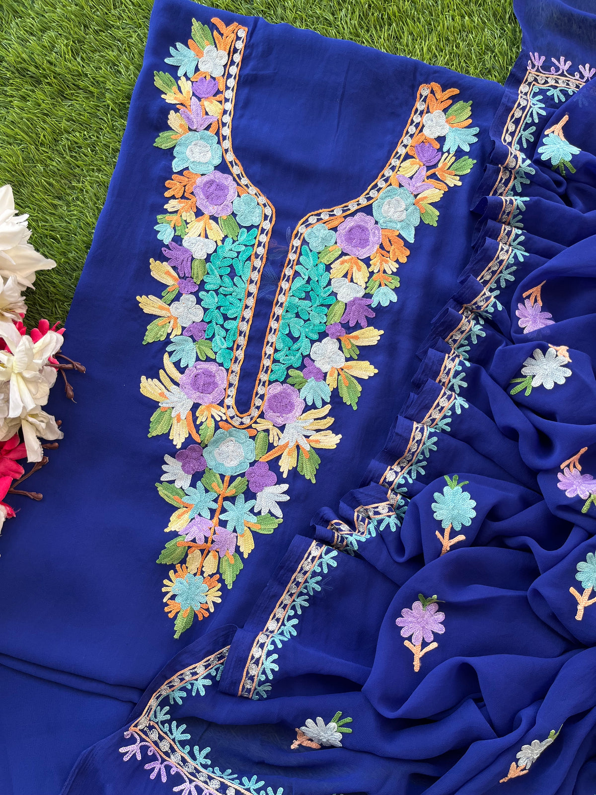 Georgette Electric Blue Aari Embroidered Suit set