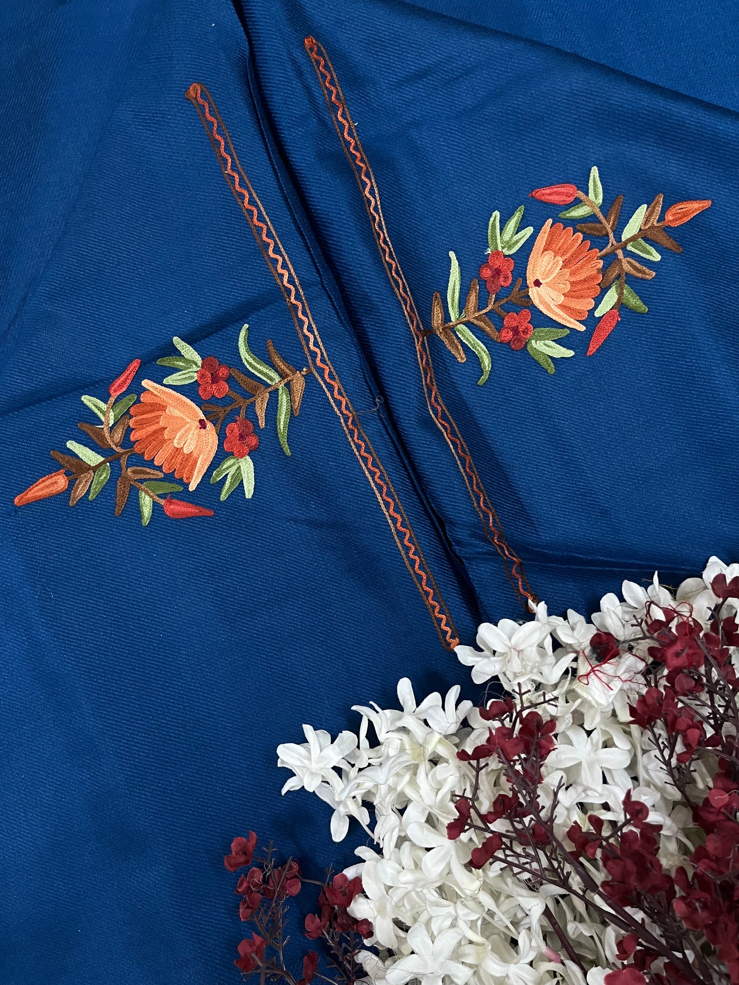 Peacock Blue Woollen Aari Embroidered 3pc suit