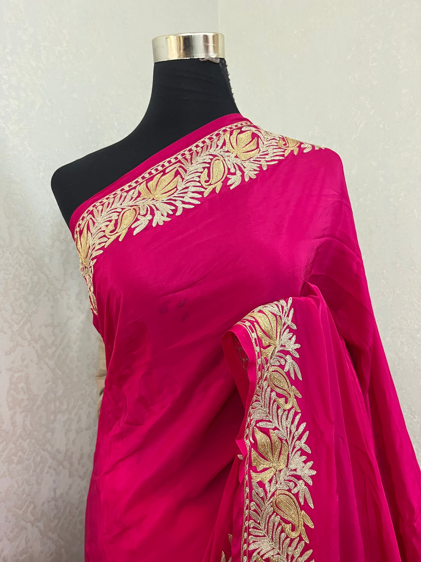 Hot Pink Crape Kashmiri Tilla Saree