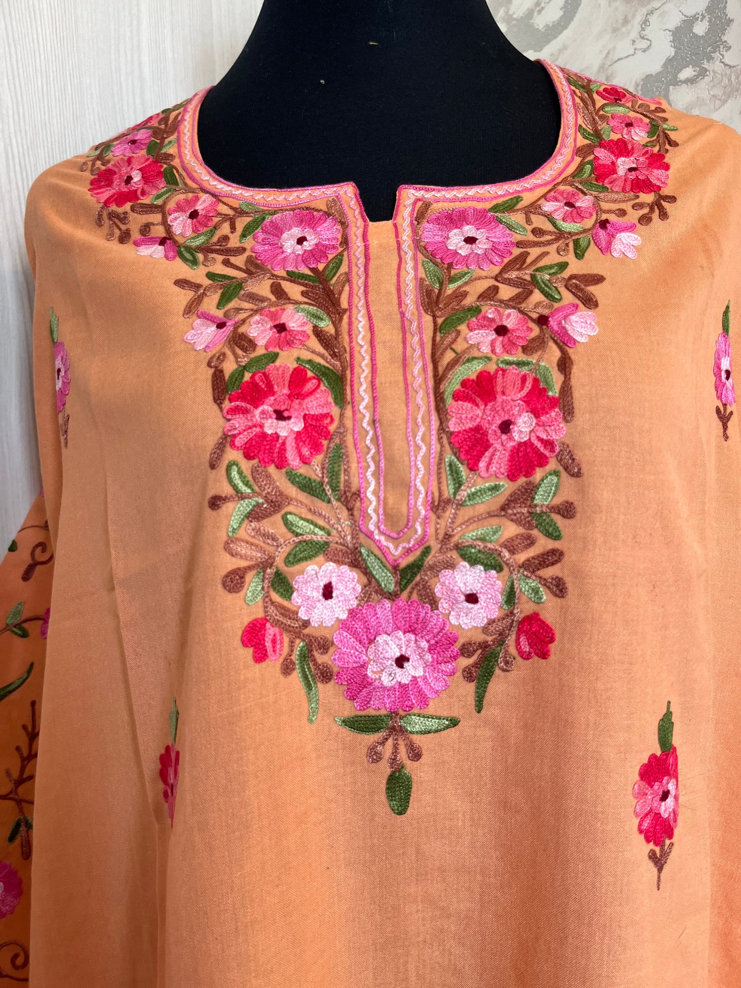 ‘Bageecha’ Peach Cotton Semi Stitched Cream Aari Work Kurti