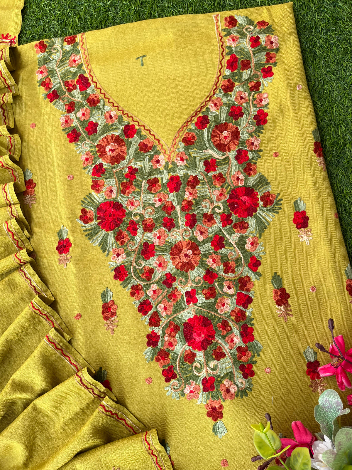 Lime Green Woollen Aari Embroidered 3pc suit