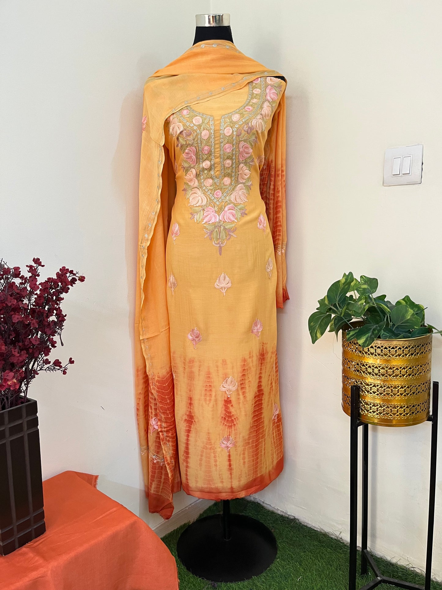 Soft Orange Mul Cotton Shibori Work Kashmiri 3pc Suit