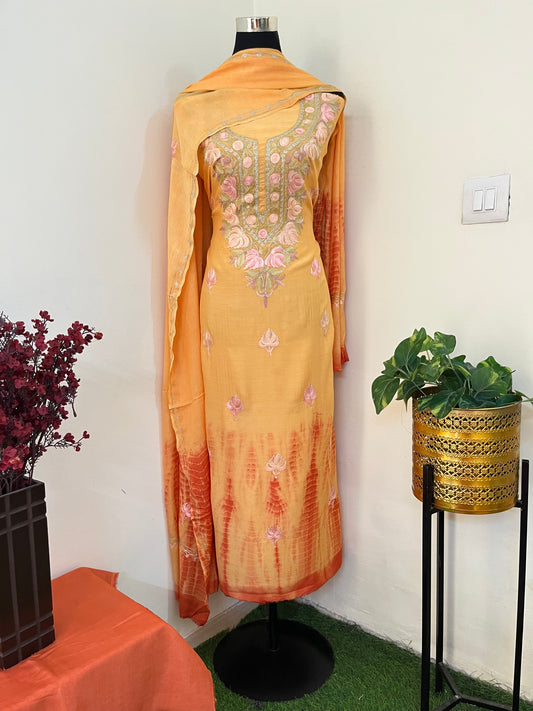 Soft Orange Mul Cotton Shibori Work Kashmiri 3pc Suit
