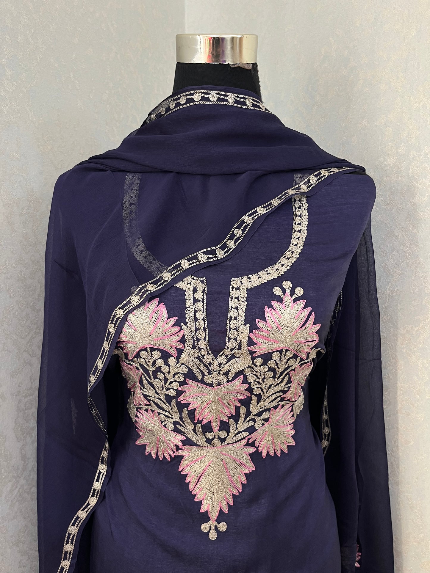 Navy Blue Silk Tilla Kashmiri Suit