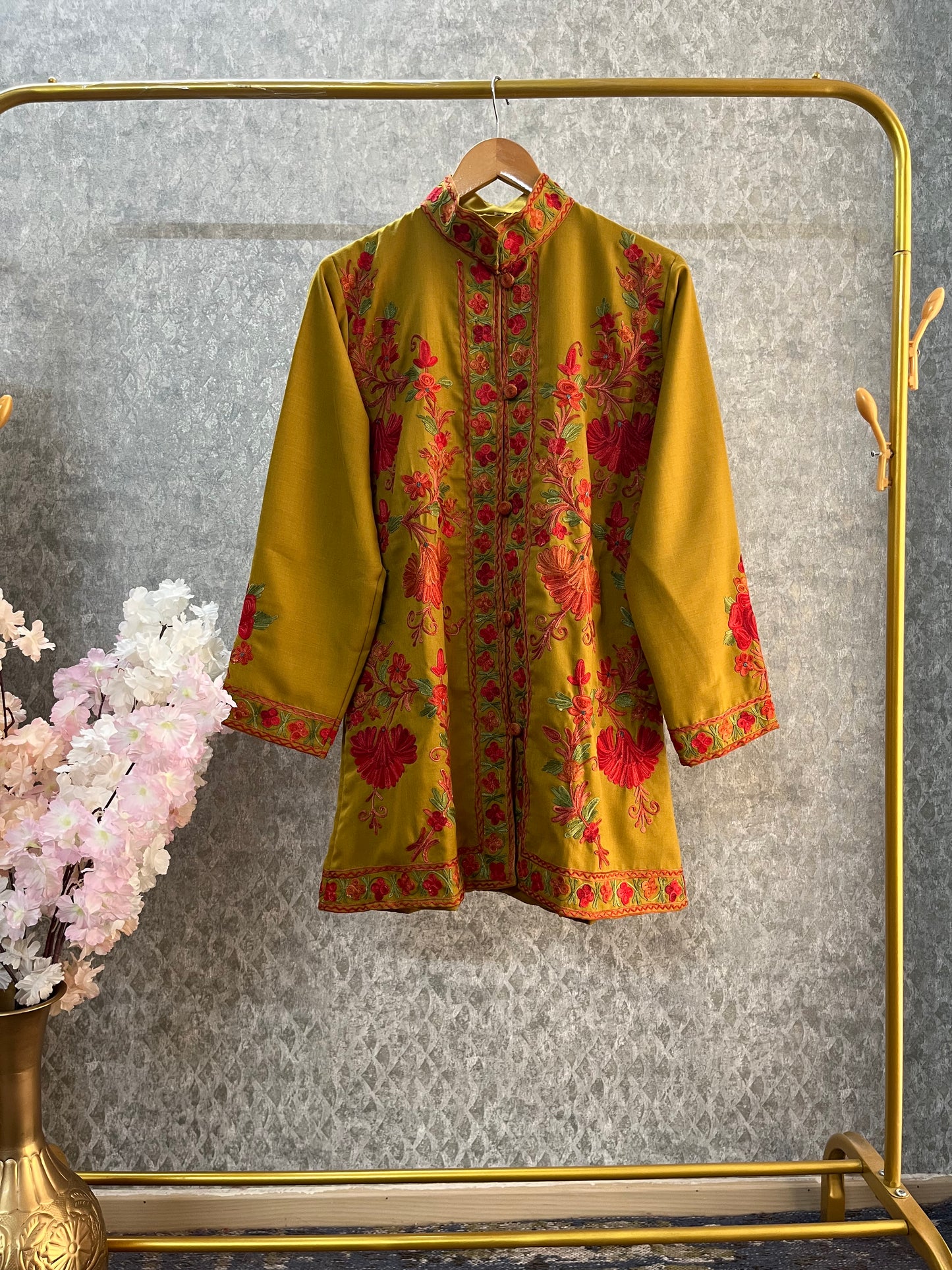 Henna Green Cotton Aari Work Jacket