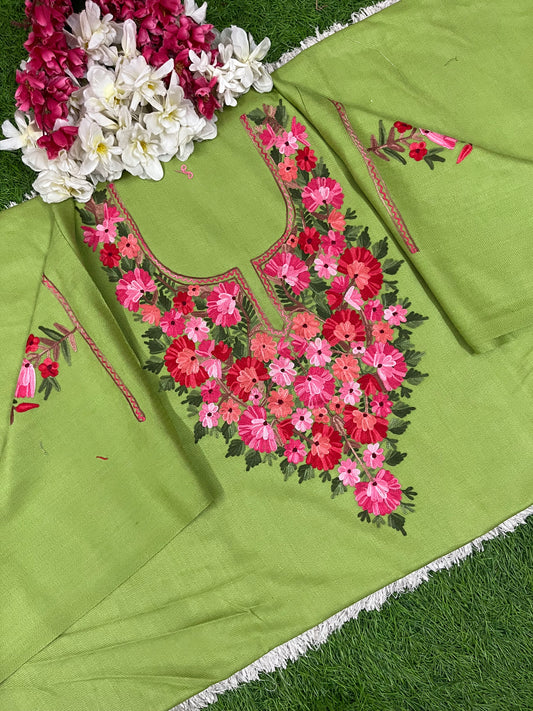 Pista Green Woollen Aari Embroidered 2pc suit 5mtr