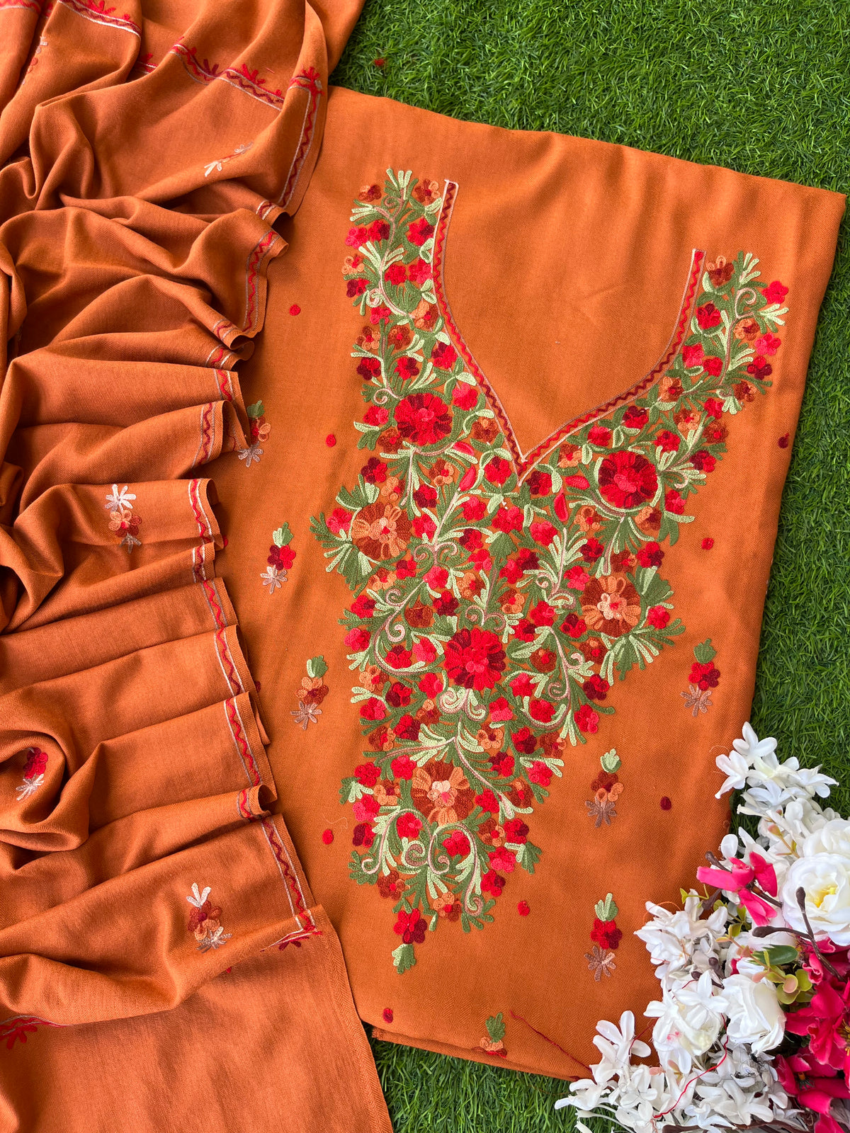 Orange Woollen Aari Embroidered 3pc suit
