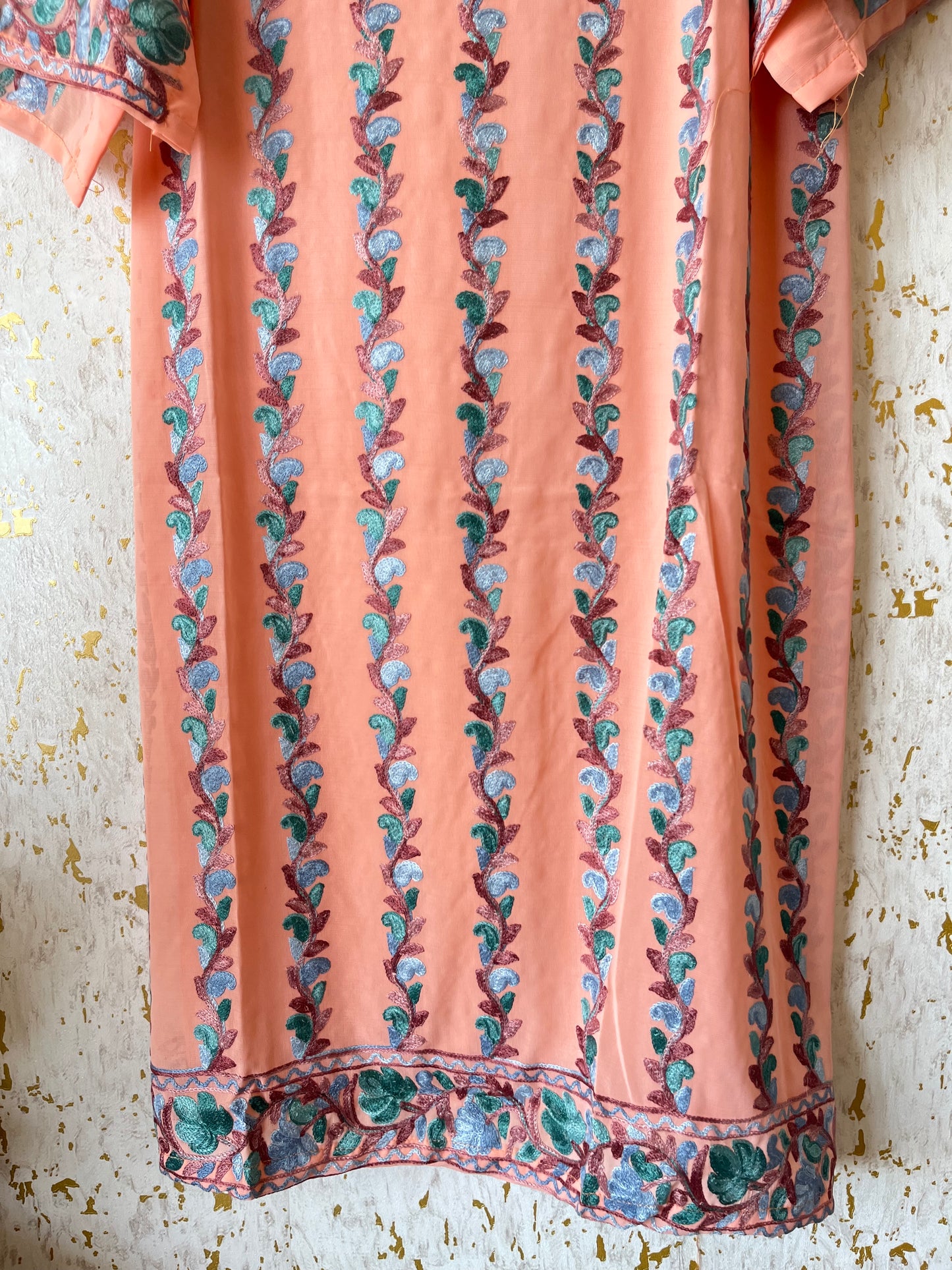 Peach Georgette All over Work Aari Embroidered Unstitched Kurta Material