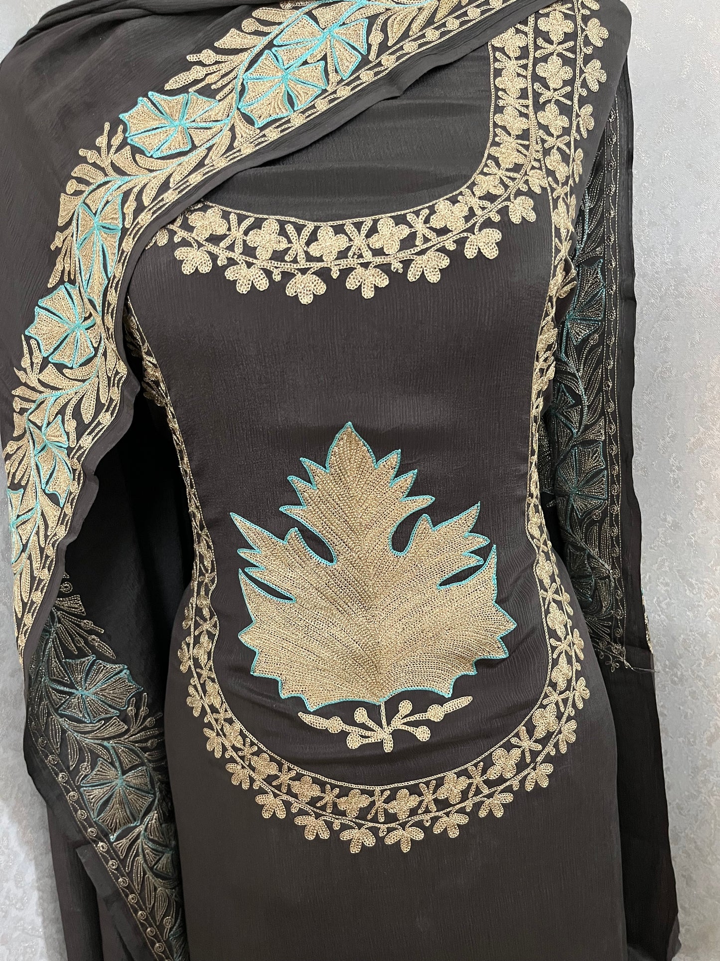 Grey Chinon 3 Pc Aari Embroidered Suit