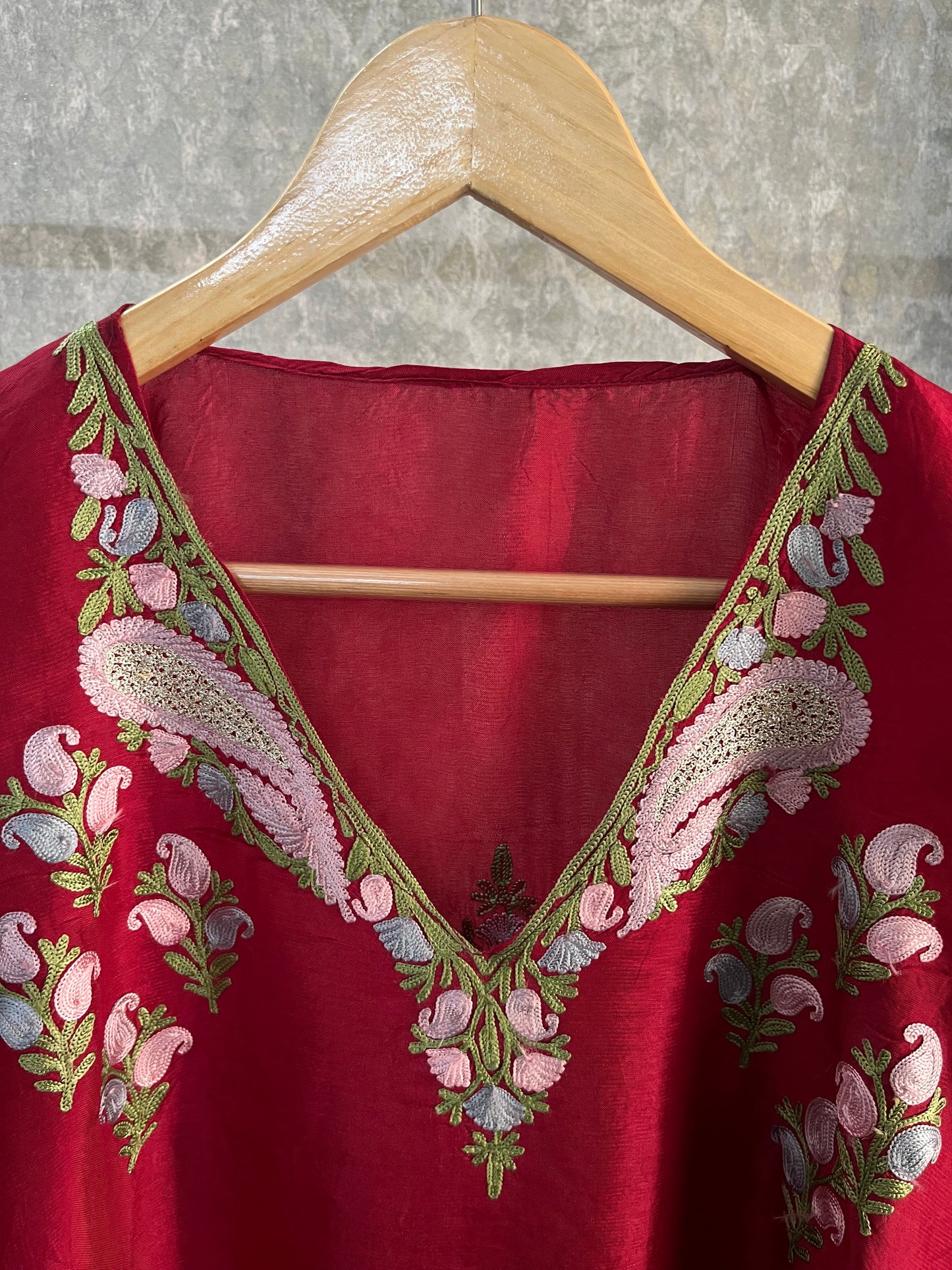 Maroon Opada Silk Kashmiri Kaftan Set