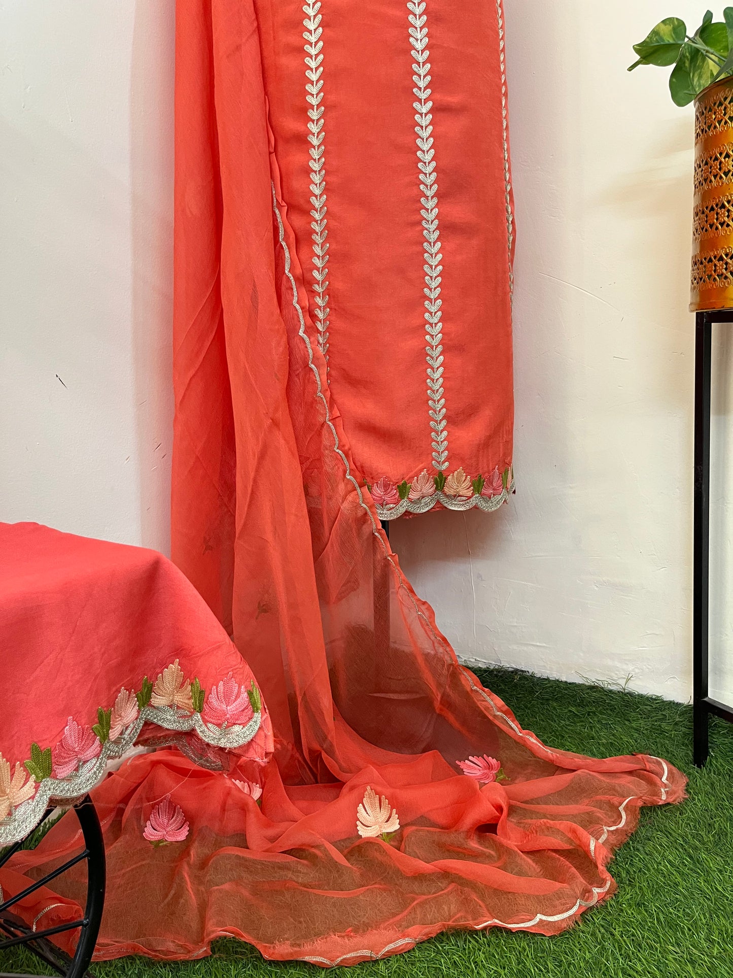 Sanam’ Orange Silk Aari Embroidered Suit material