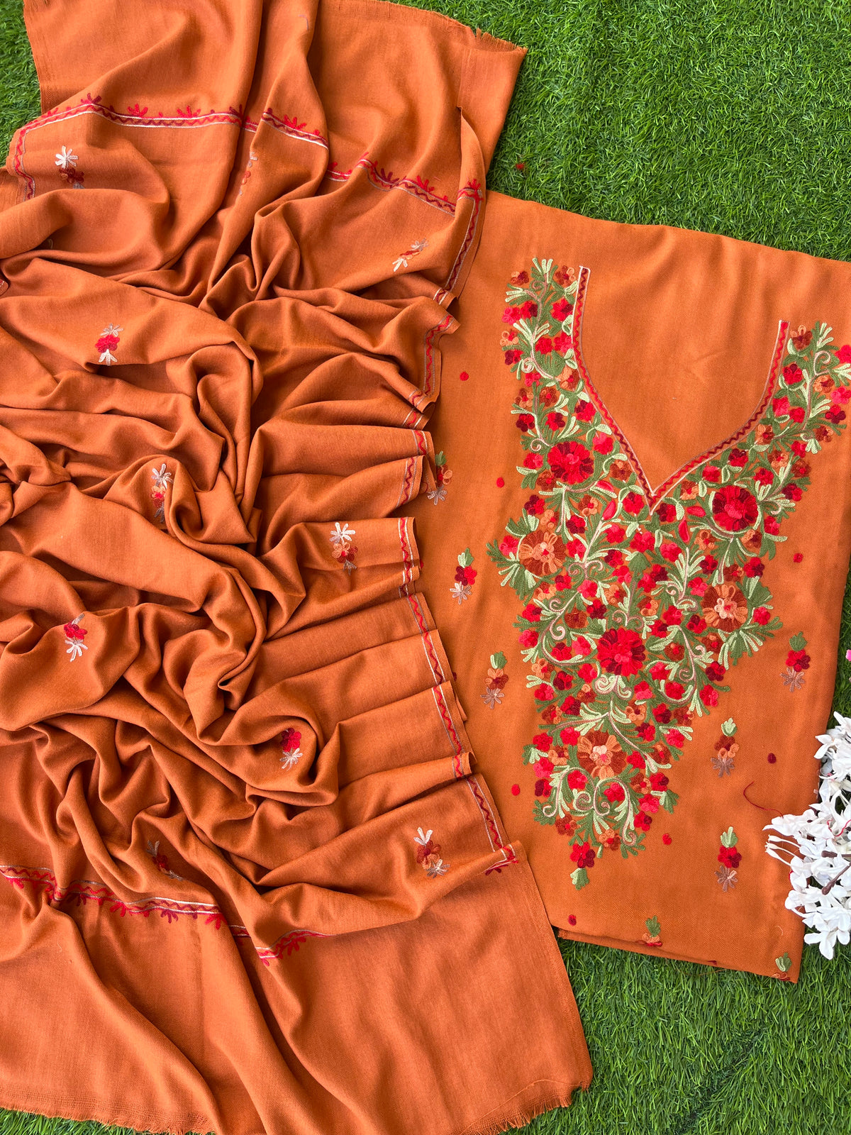 Orange Woollen Aari Embroidered 3pc suit