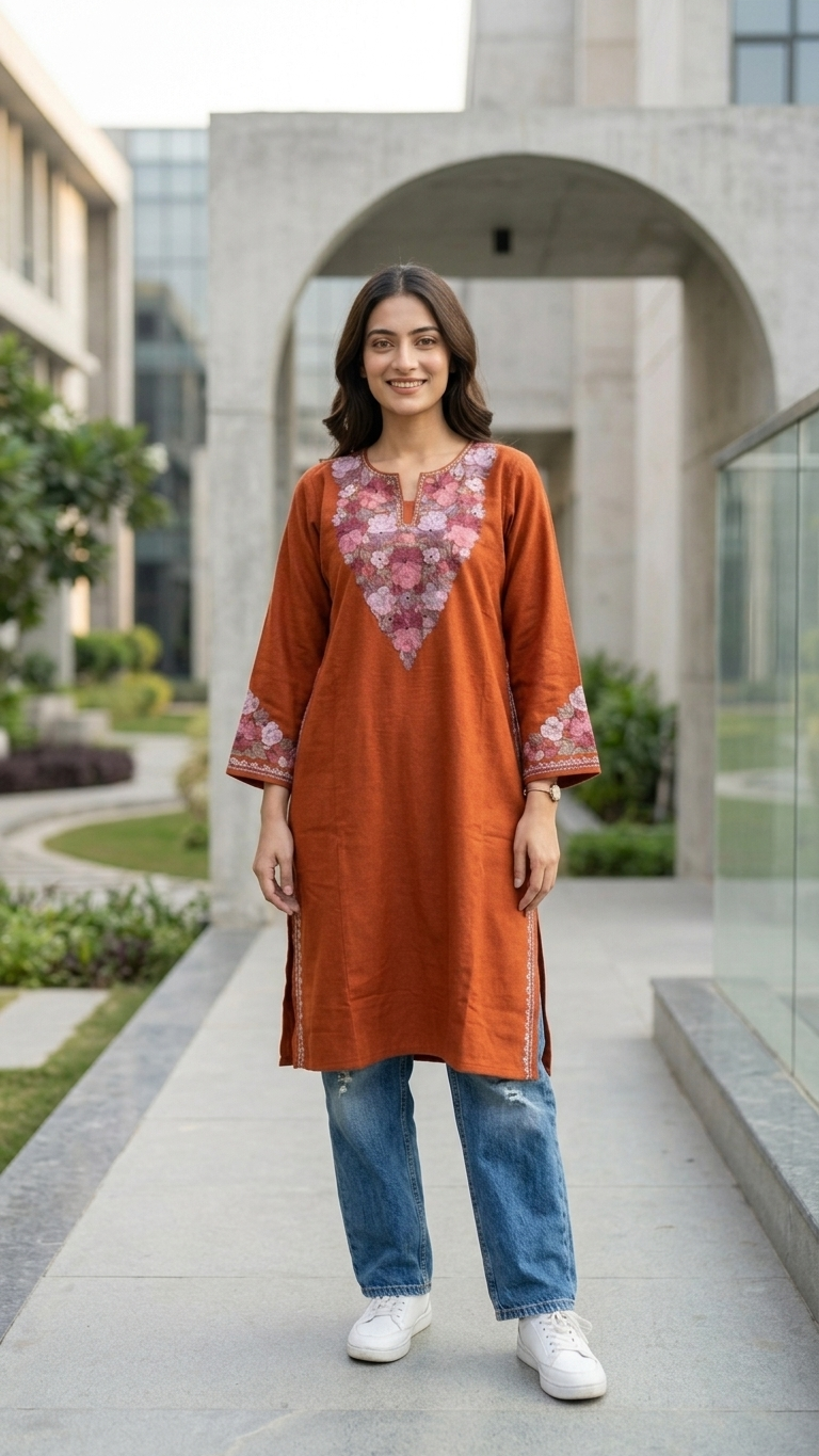 Orange Aari Embroidered Wool Pheran