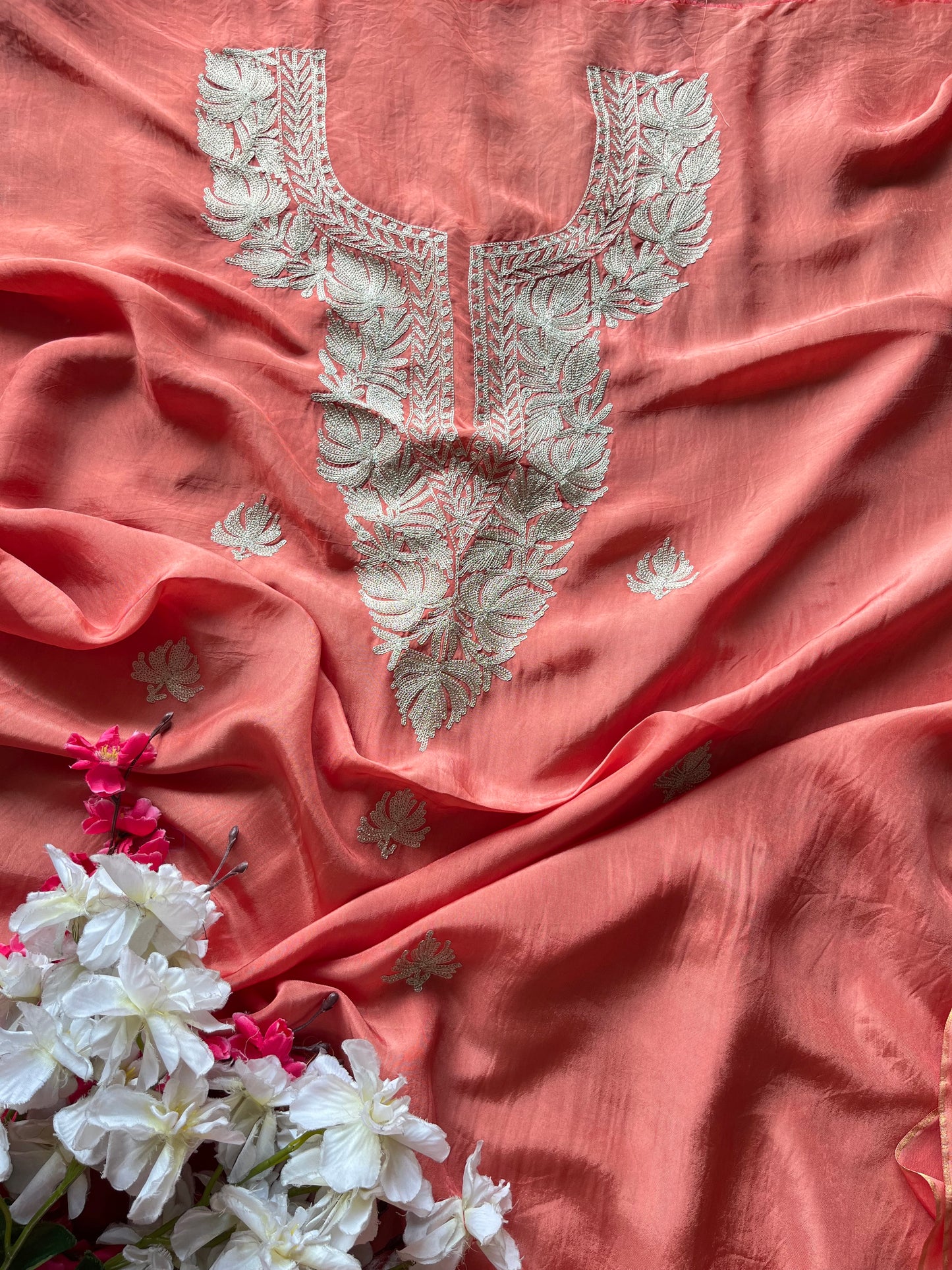 Peach Pink Silk Tilla Kashmiri Suit