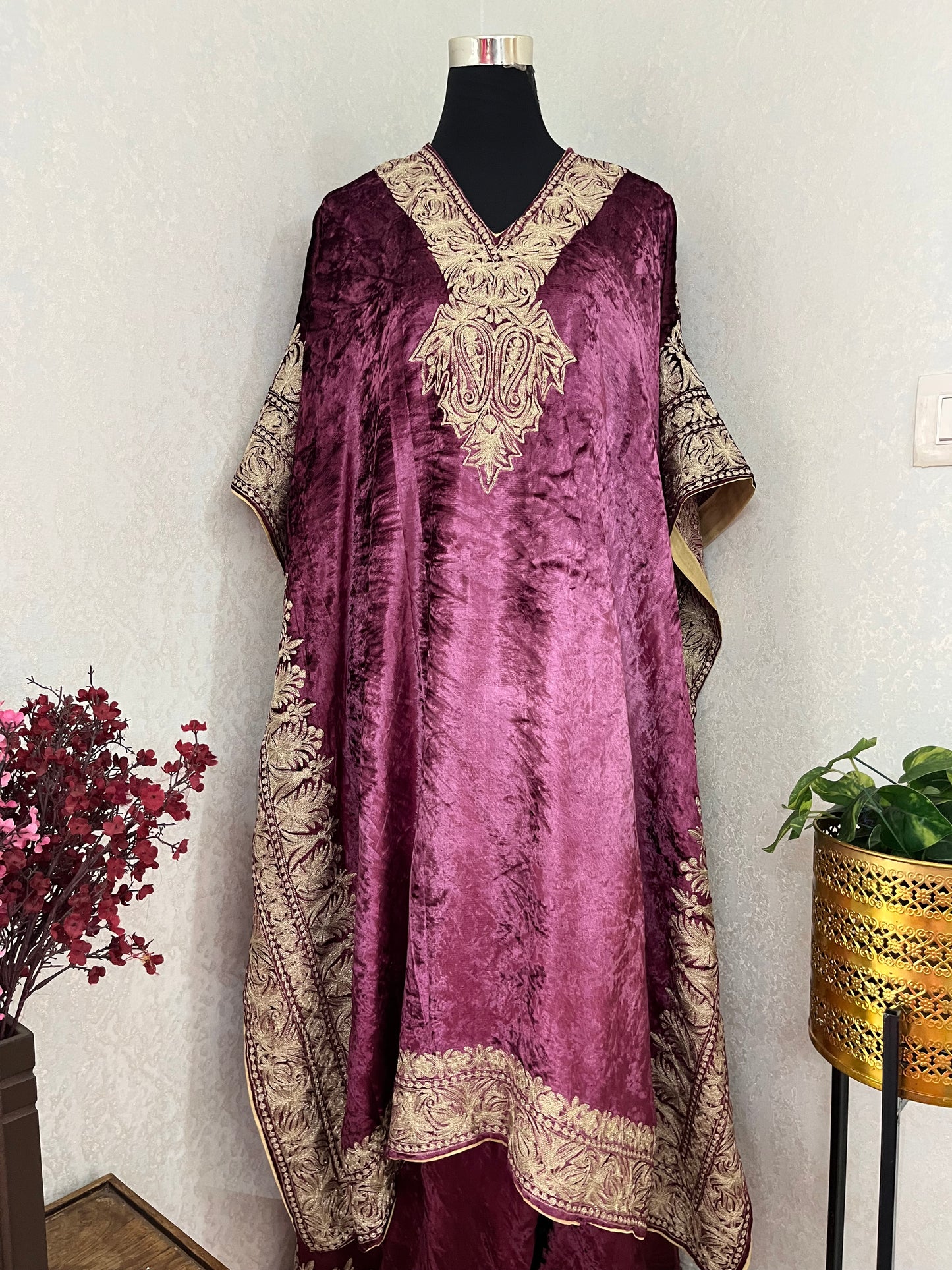 Sangria Purple Tilla Pure Makhmal Kashmiri Kaftan Set