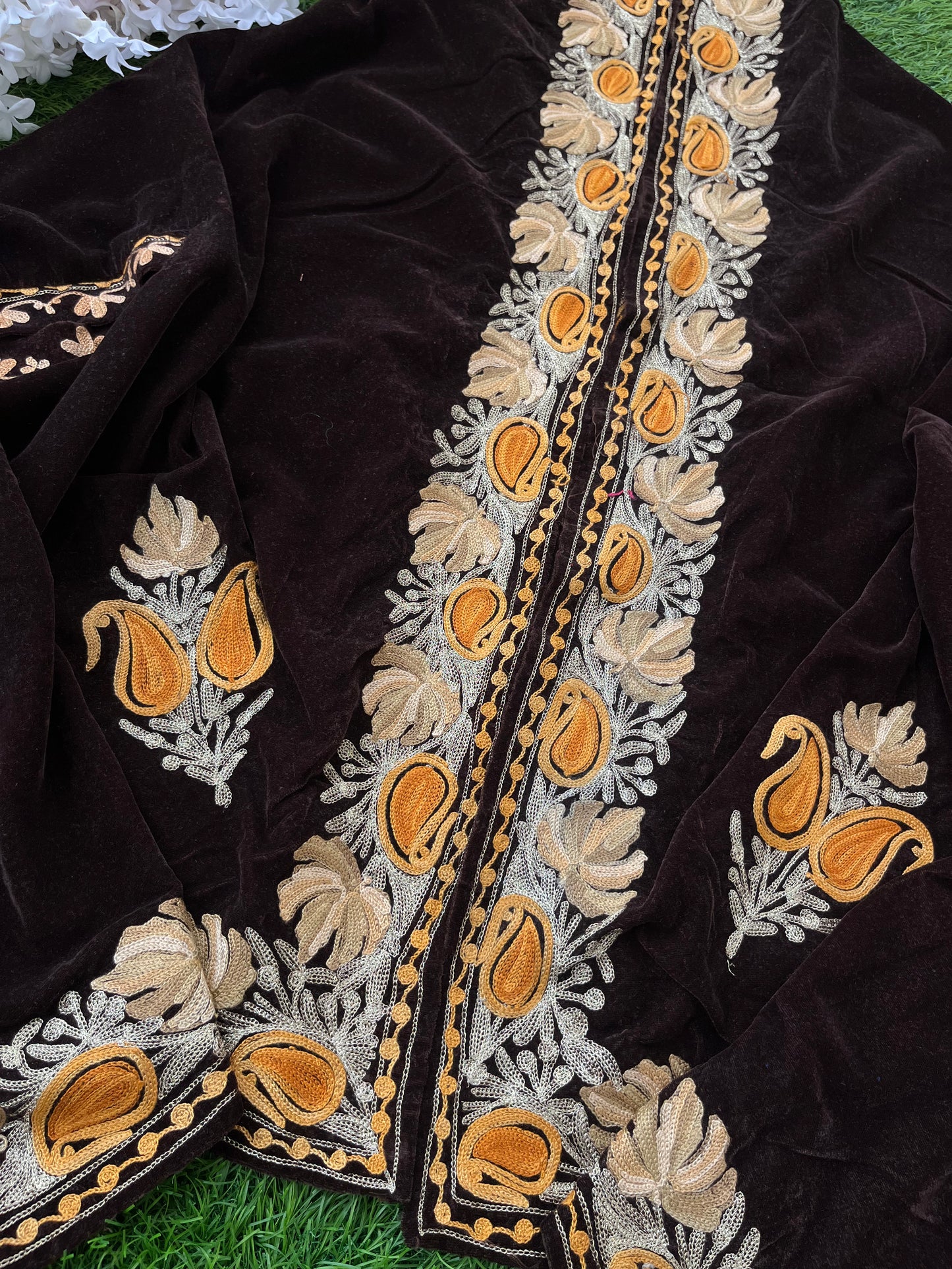 Brown Aari Embroidered Velvet Cape