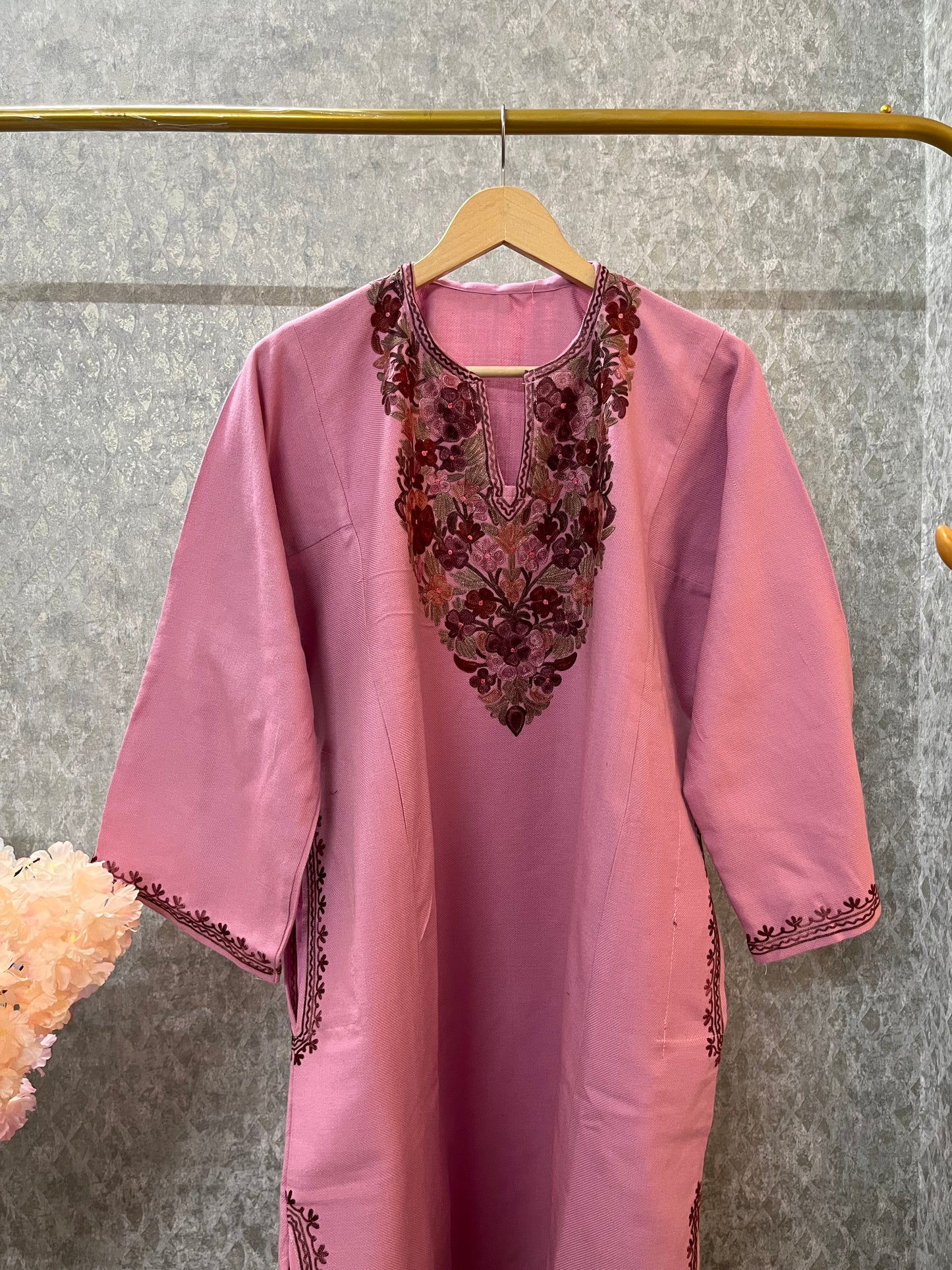 Pink Aari Embroidered Wool Pheran