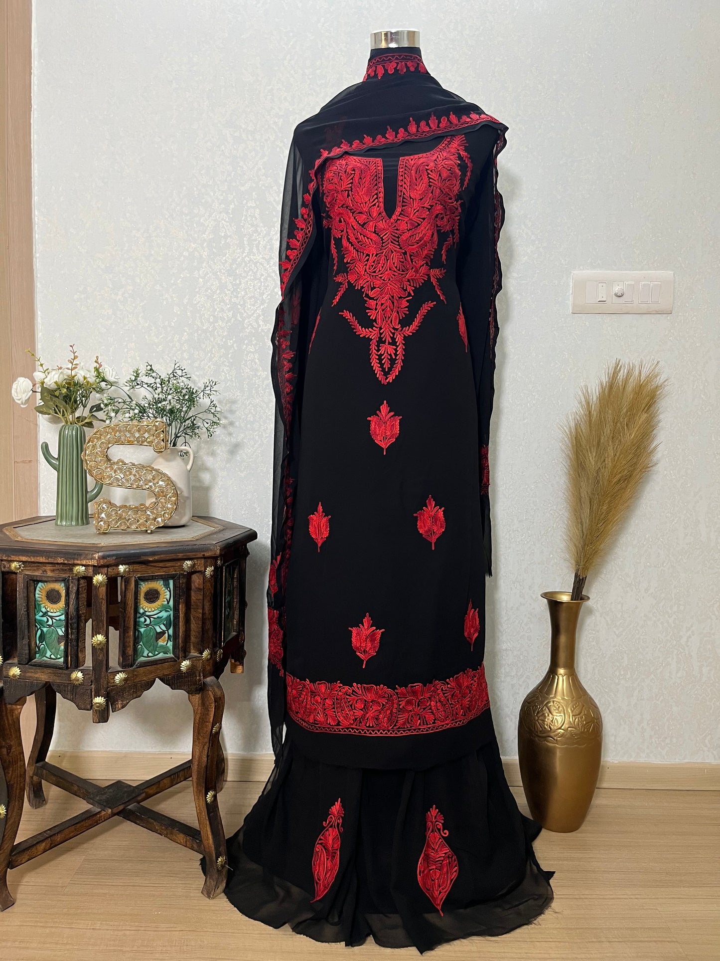 Georgette Black 3 Pc Kashmiri Suit