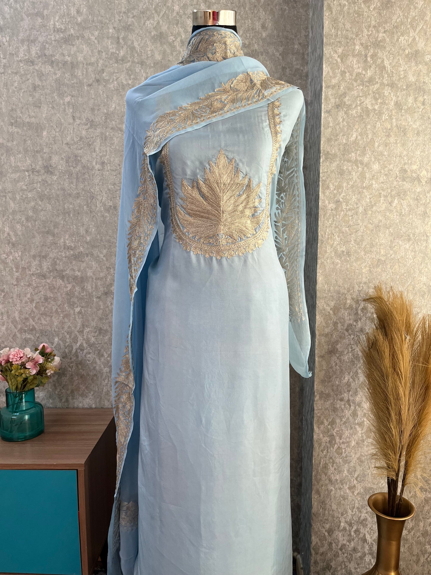 Ice Blue Sanam’ Tilla Kashmiri Silk Suit