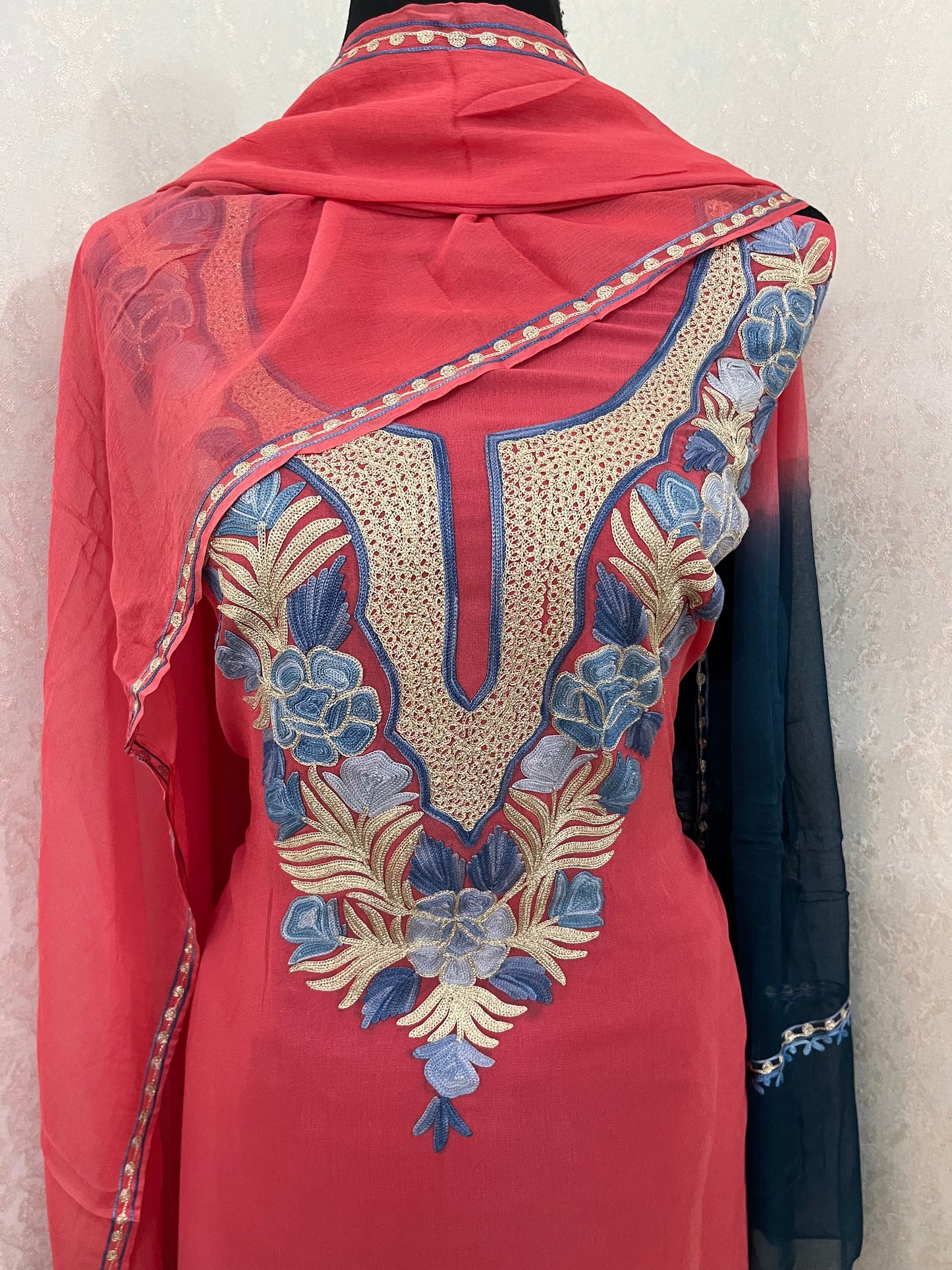 Carrot Pink Pure Georgette Double Shade Kashmiri Suit