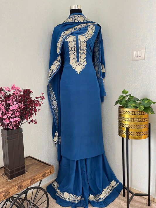 Blue Kalaa’ Crape Kashmiri Suit (Aari Sleeves)