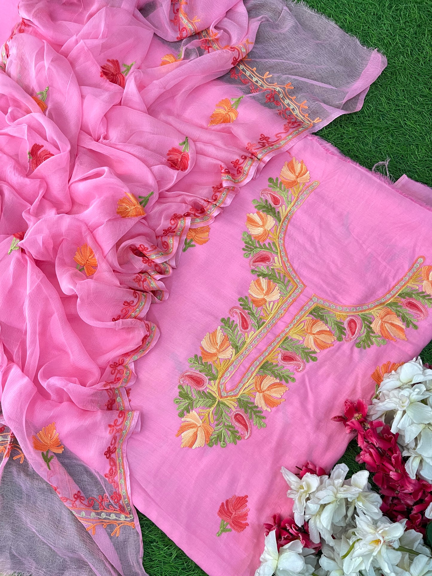 Soft Pink Muslin Cotton Jaal Sleeves Kashmiri 3pc Suit