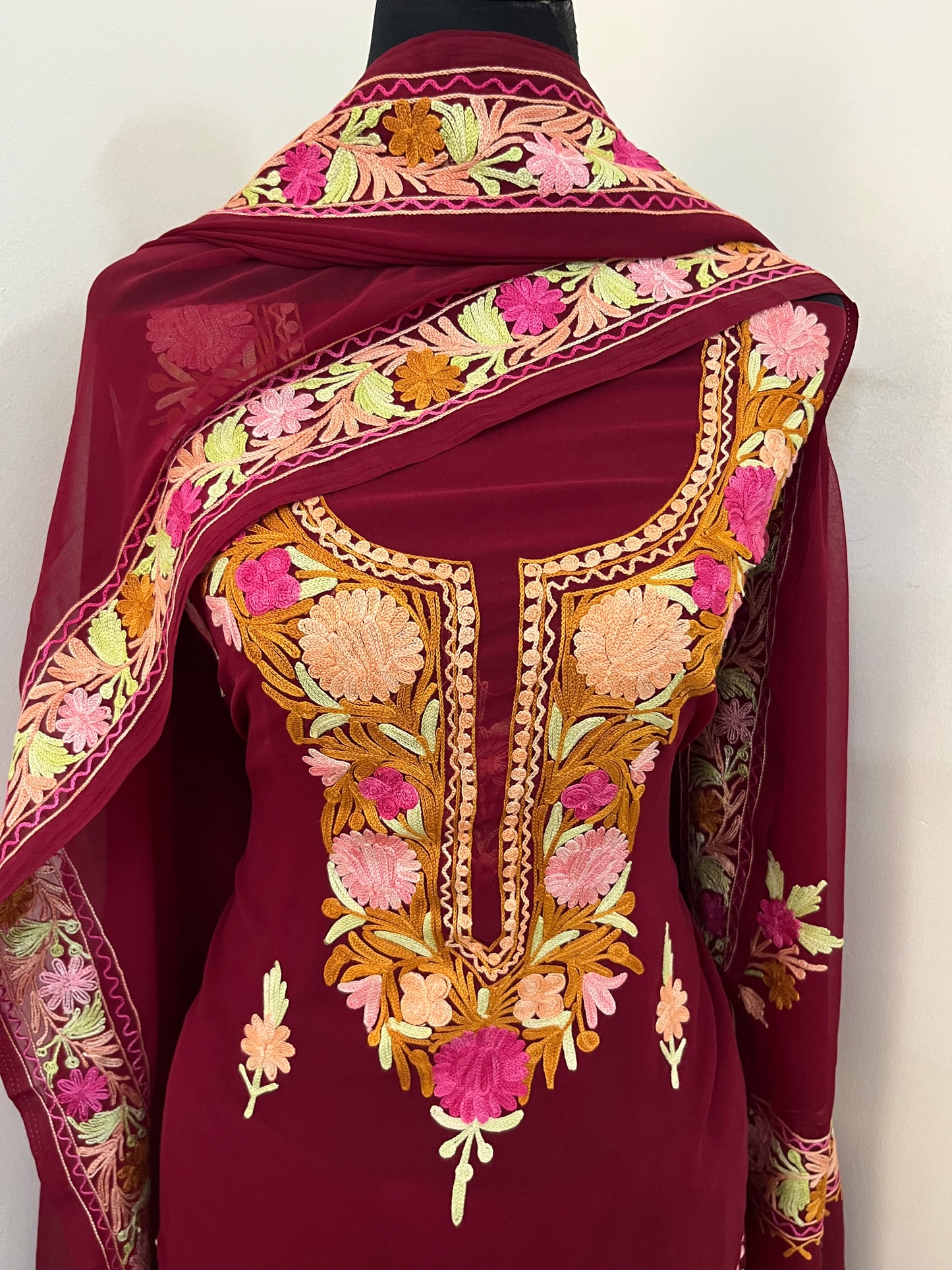 Maroon Georgette 3 Pc Aari Embroidered Suit Set