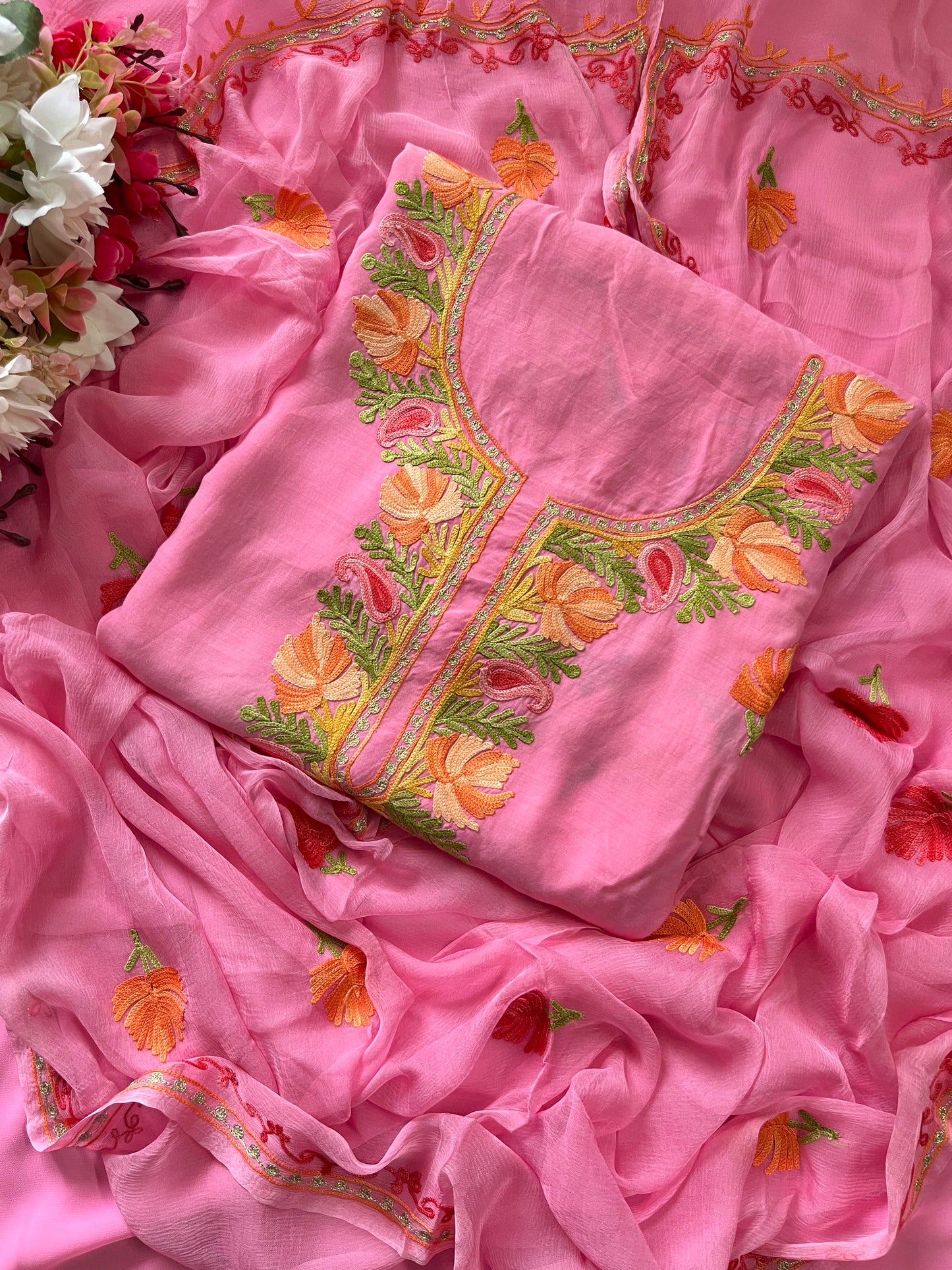 Soft Pink Muslin Cotton Jaal Sleeves Kashmiri 3pc Suit