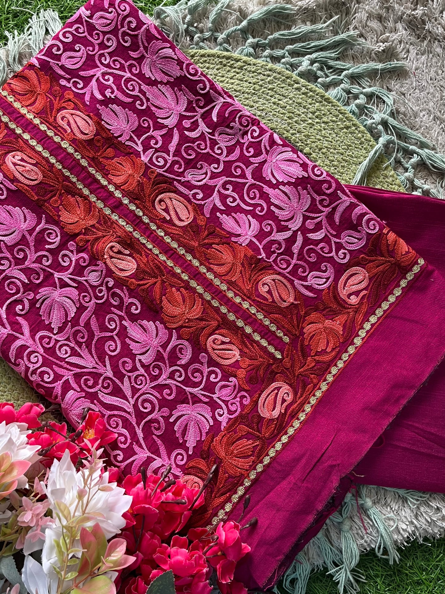 Cotton Hot Pink  Aari Embroidered Kurta Pant Set