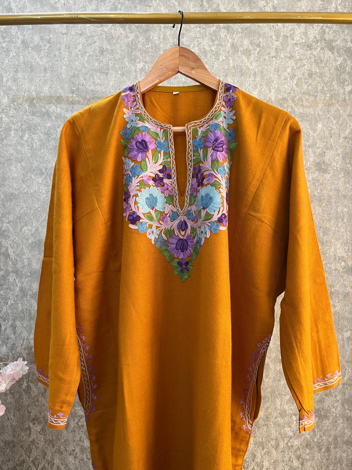 Mustard Yellow Aari Embroidered Wool Pheran