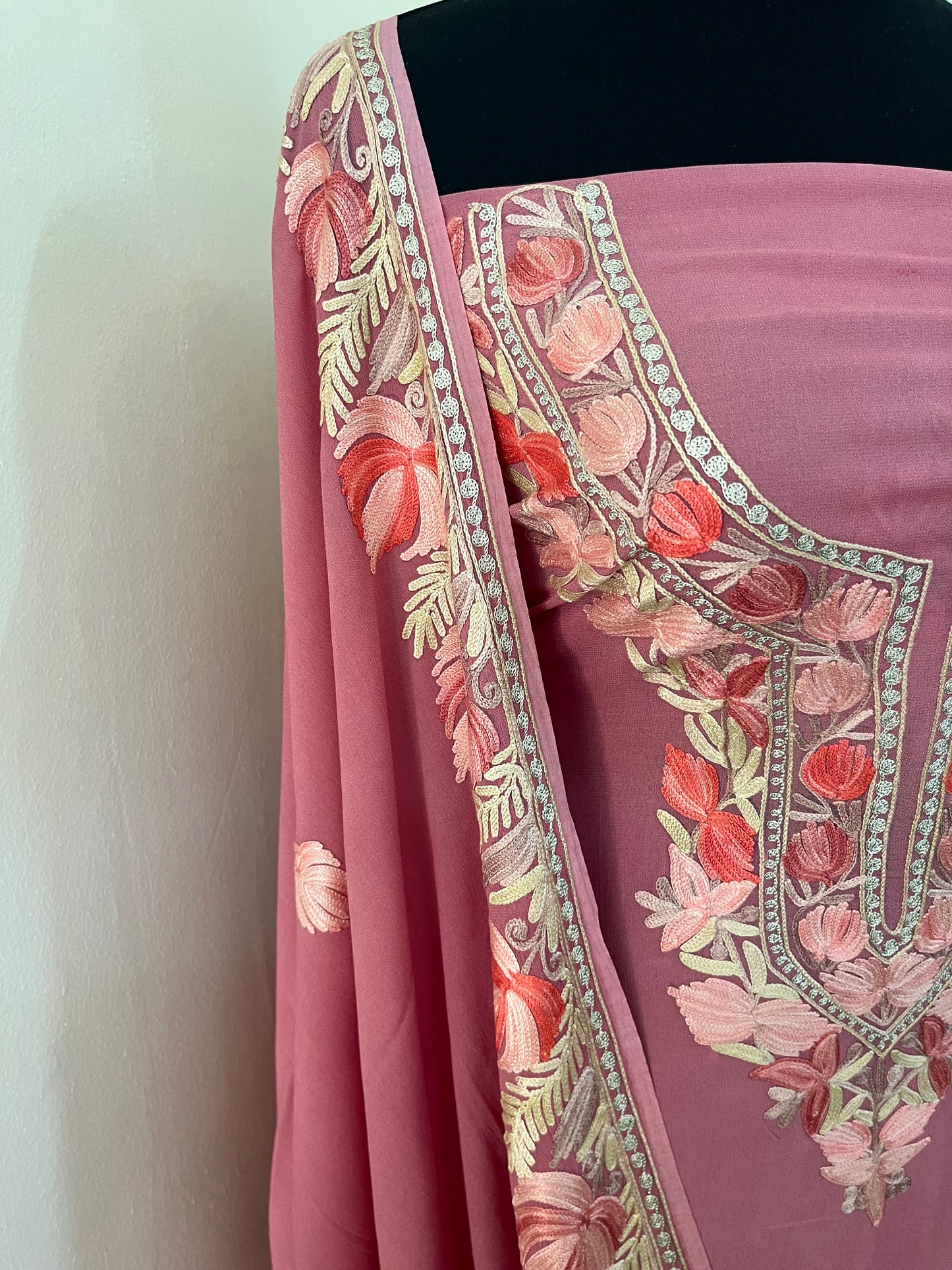 Onion Pink Pure Georgette Kashmiri Suit