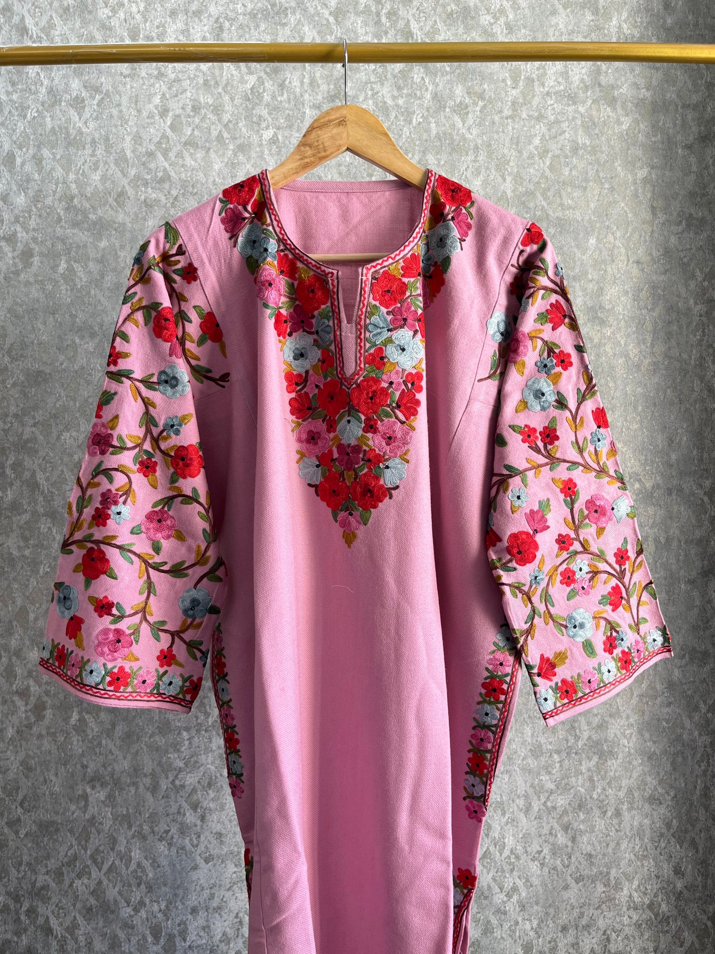 Pink Aari Embroidered Wool Pheran