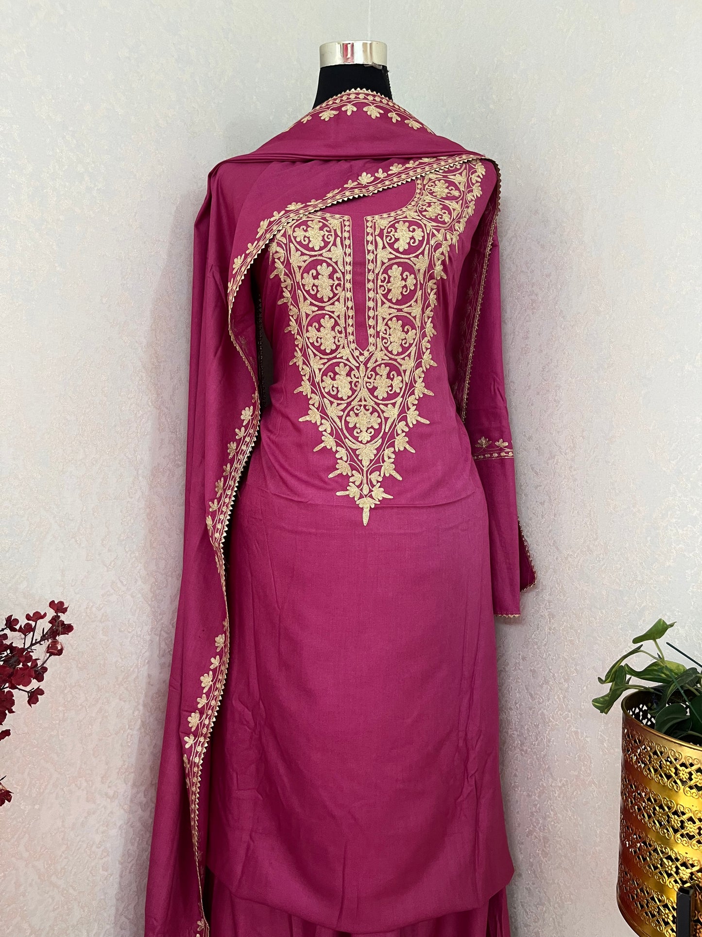 Hot Pink Silk Pashmina Kashmiri Suit