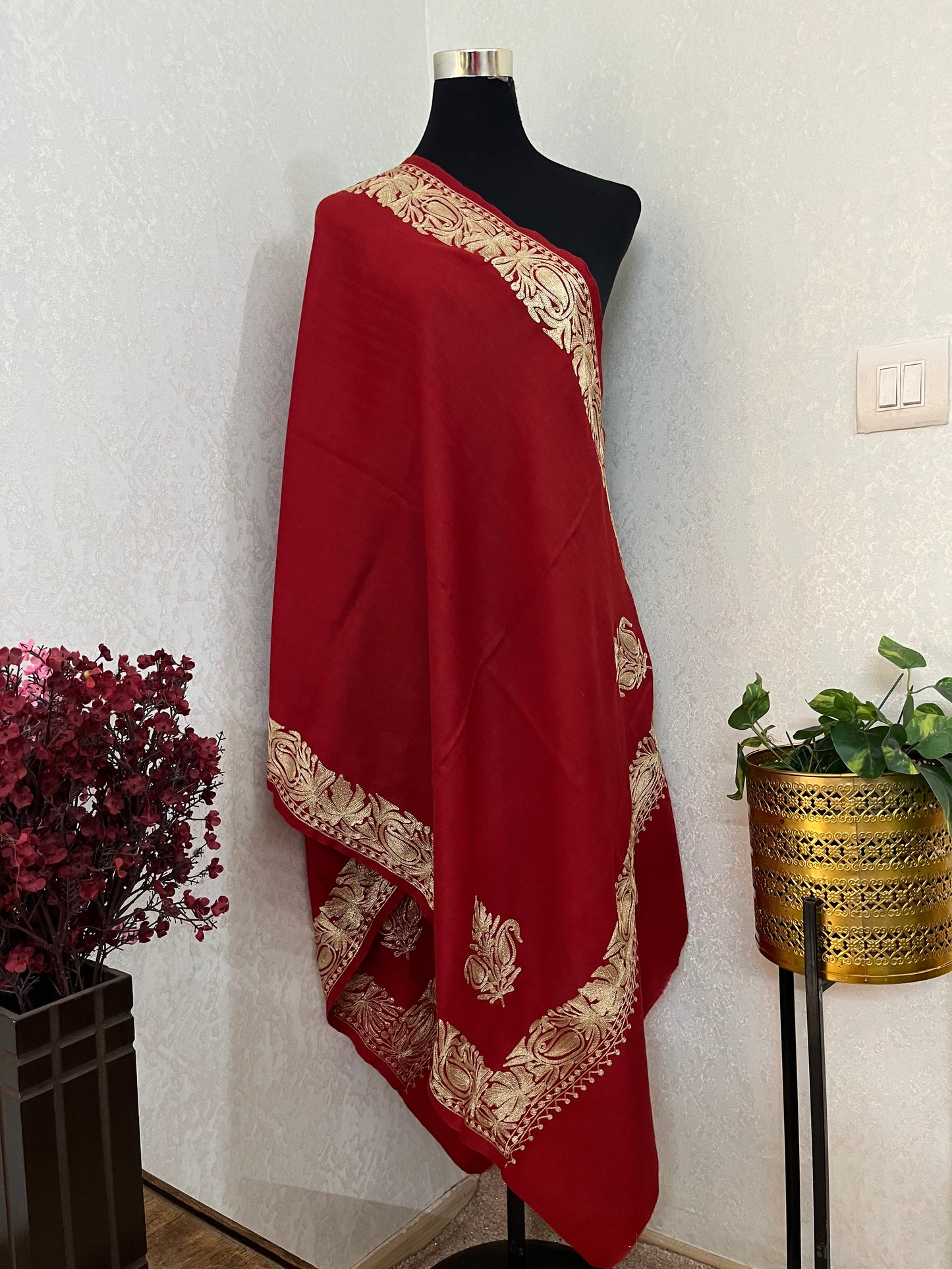 Maroon Semi Pashmina Tilla Embroidered stole