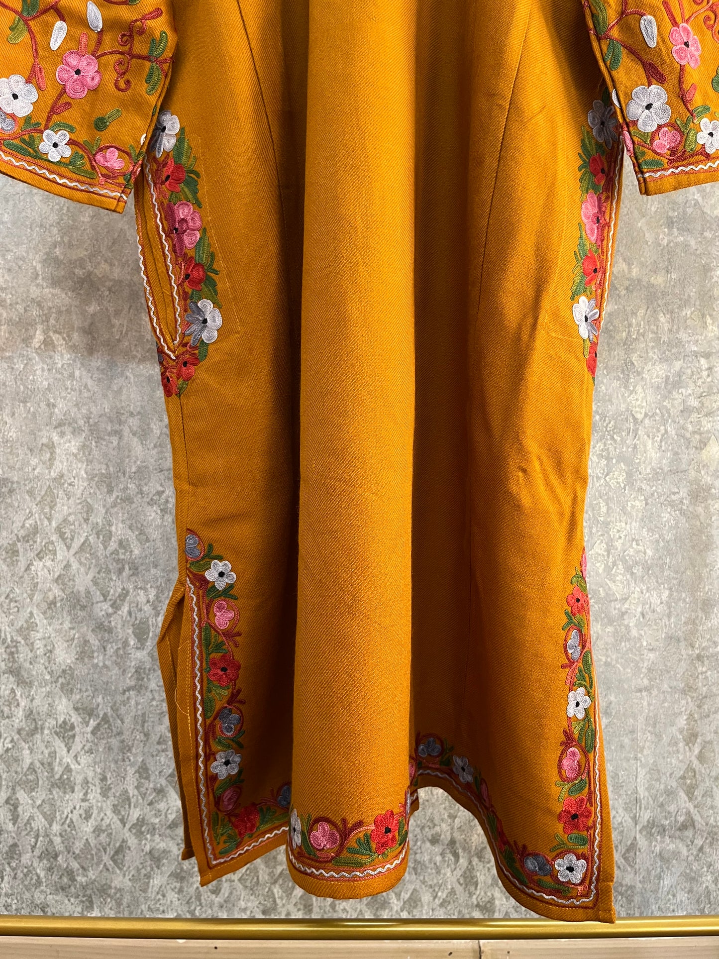 Mustard Aari Embroidered Wool Pheran