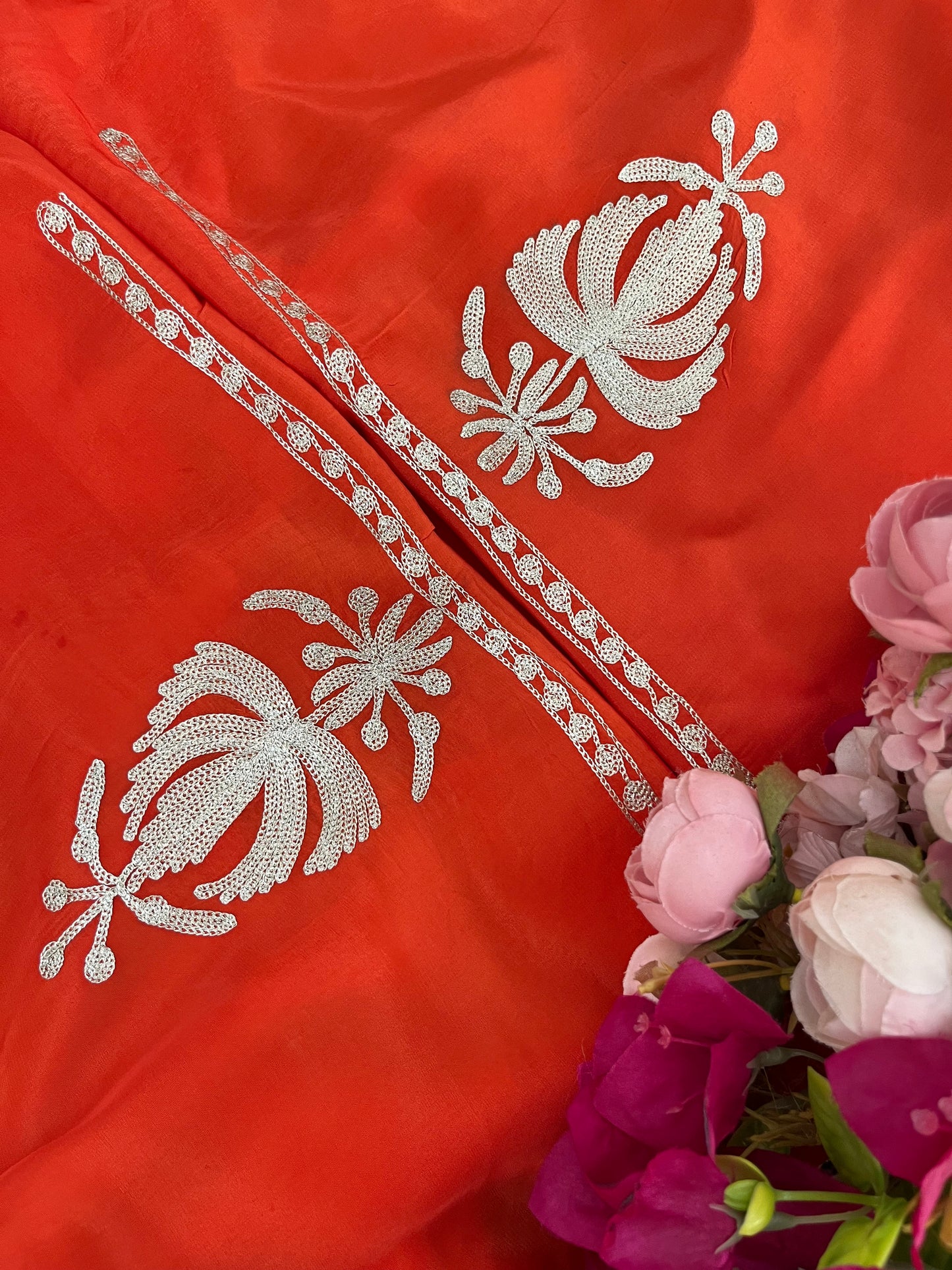 Orange Crape Kashmiri Suit with Clutch