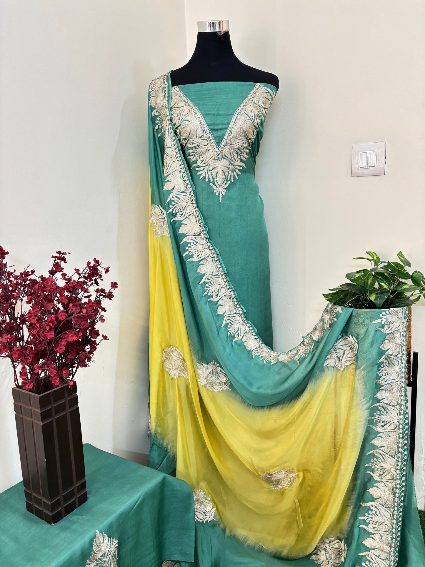 Sanam Pastel Green Silk Kashmiri Suit