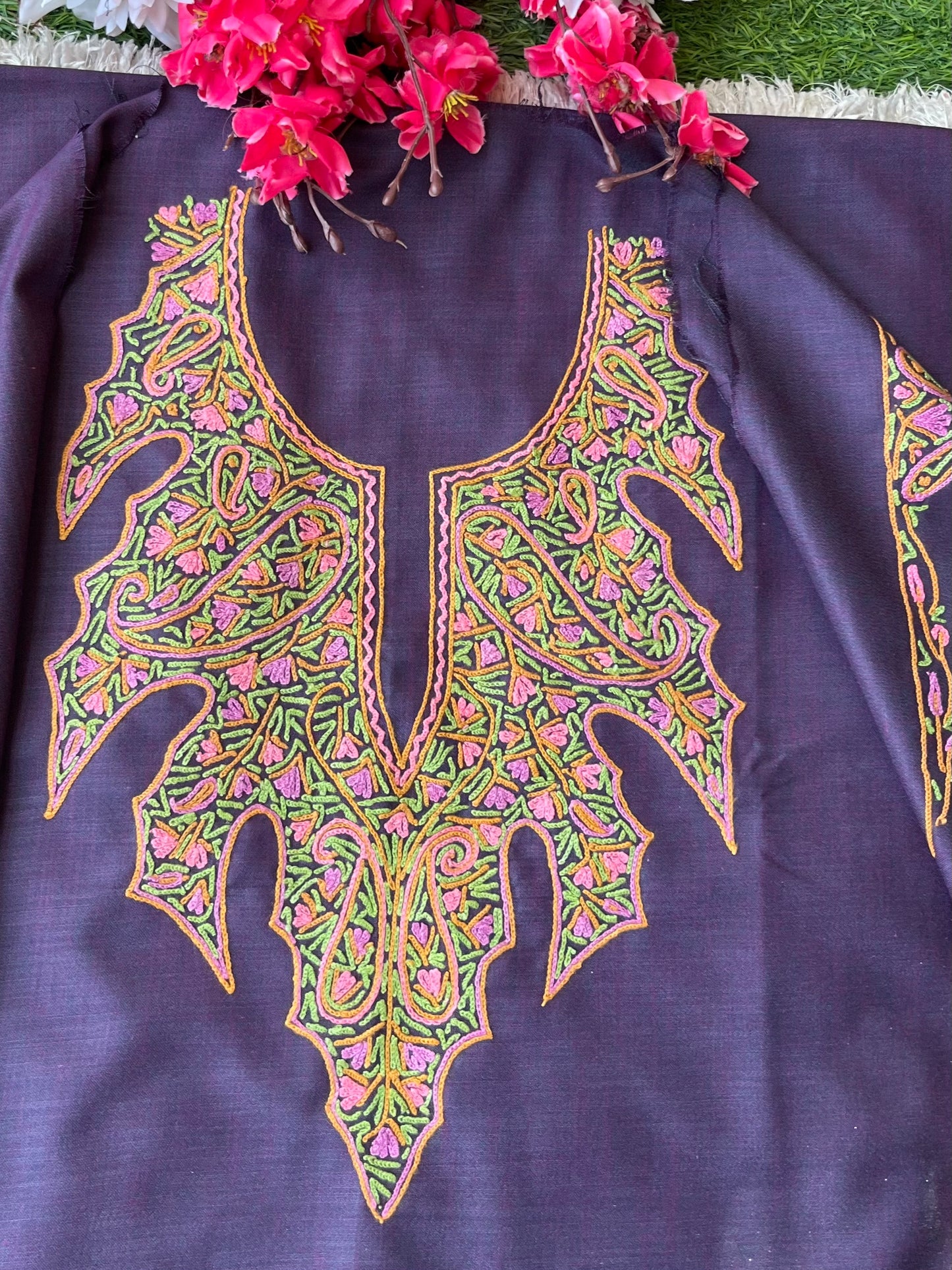 Blackish Purple Cotton Two Piece Suit (Hand Embroidered)