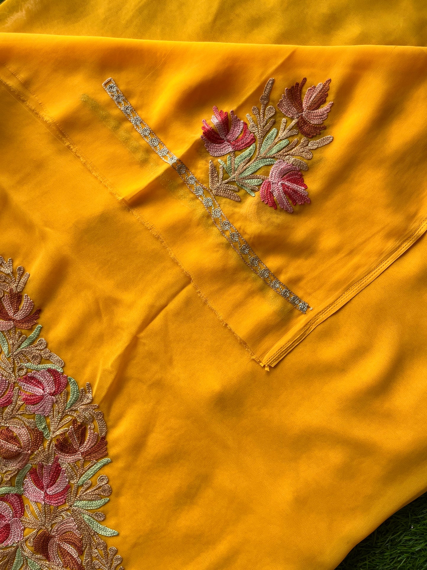 Yellow Georgette Aari Embroidered Unstitched Kurta Material