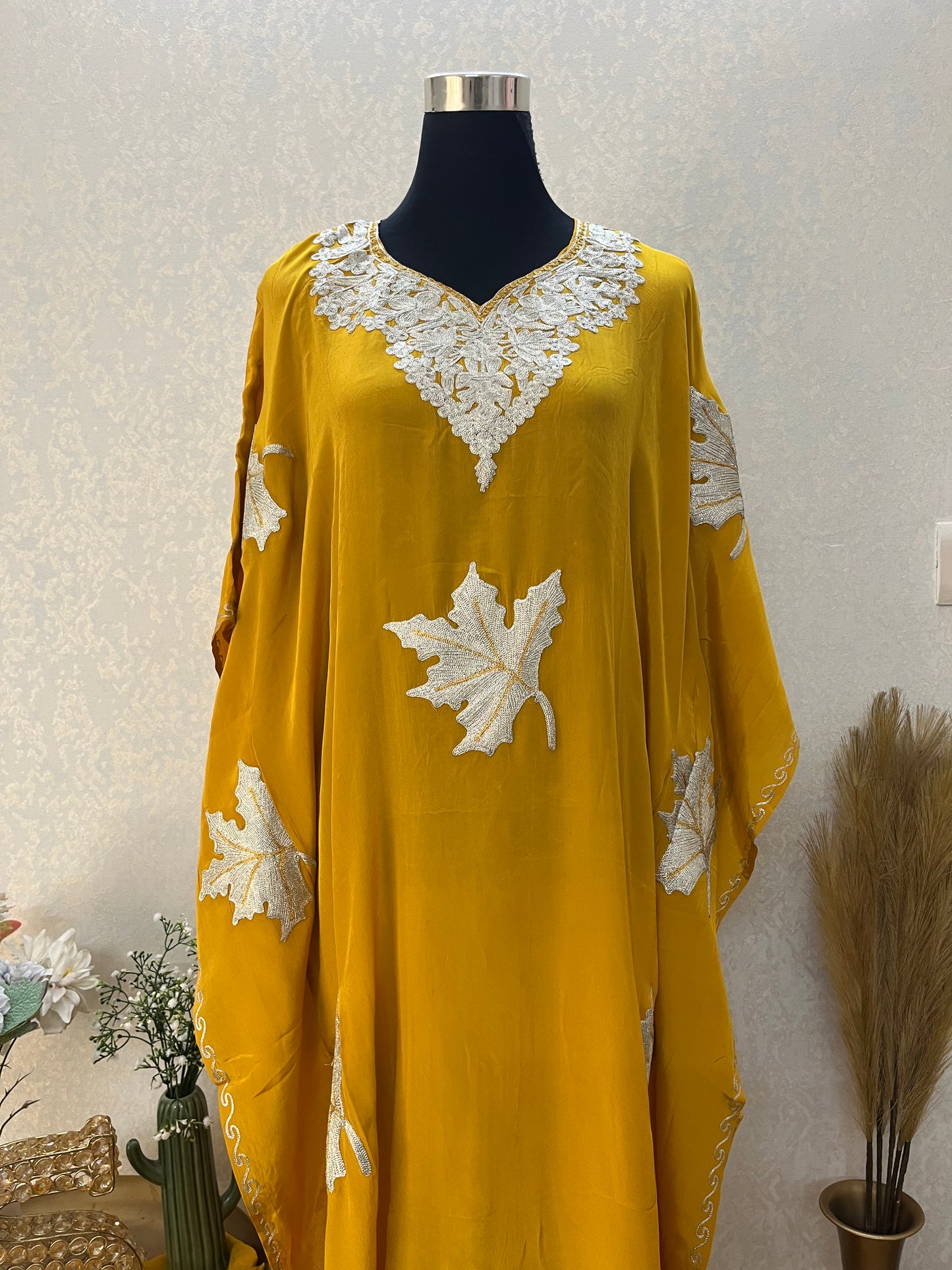 Yellow Crape Kashmiri Kaftan Set