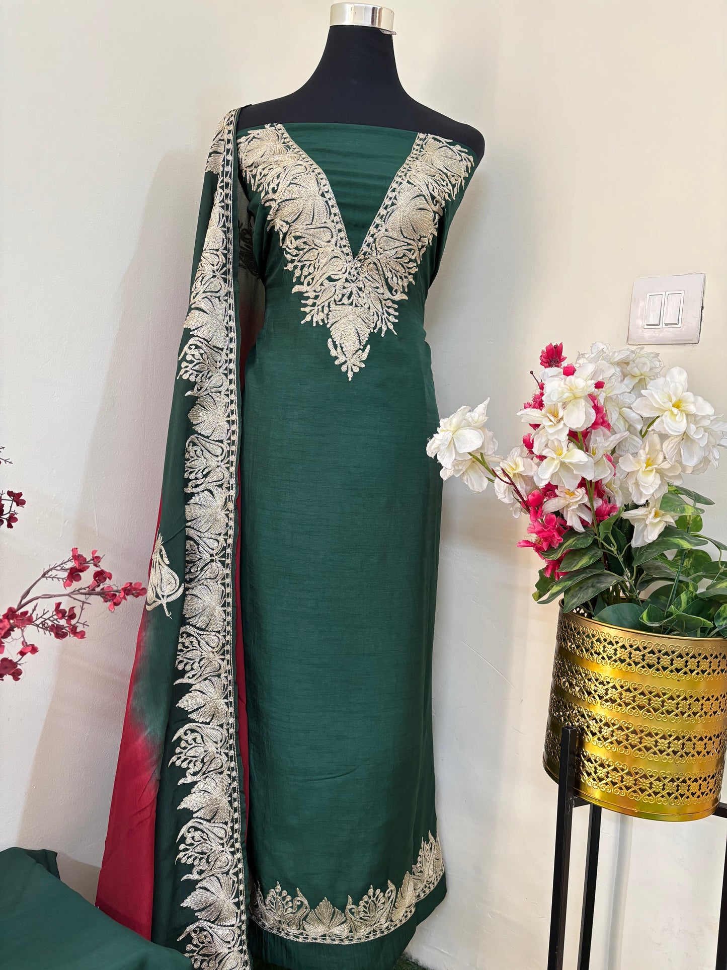 Sanam Bottle Green Silk Kashmiri Suit