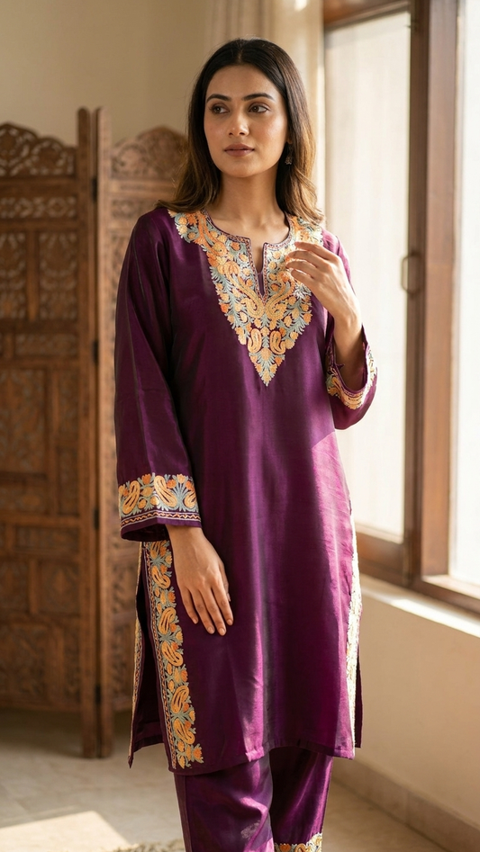 Wine Shimmer Silk Stitched Co-ord Set (Free Size /44 inches)