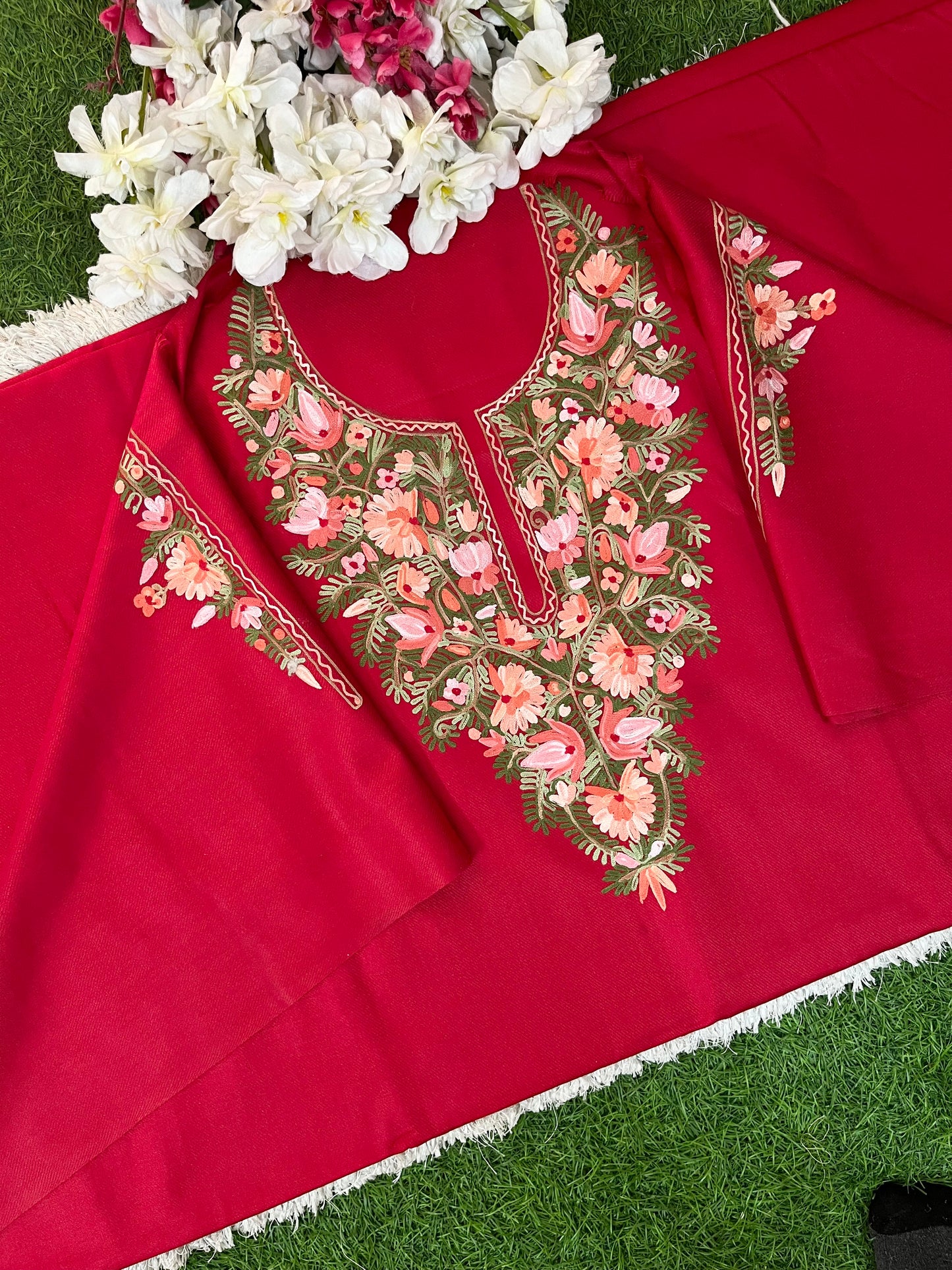 Red Woollen Aari Embroidered 2pc suit 5mtr