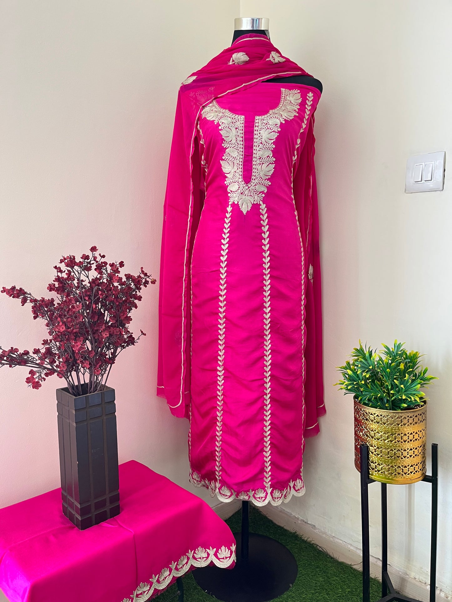 Sanam’ Hot Pink Silk Tilla Embroidered Suit material