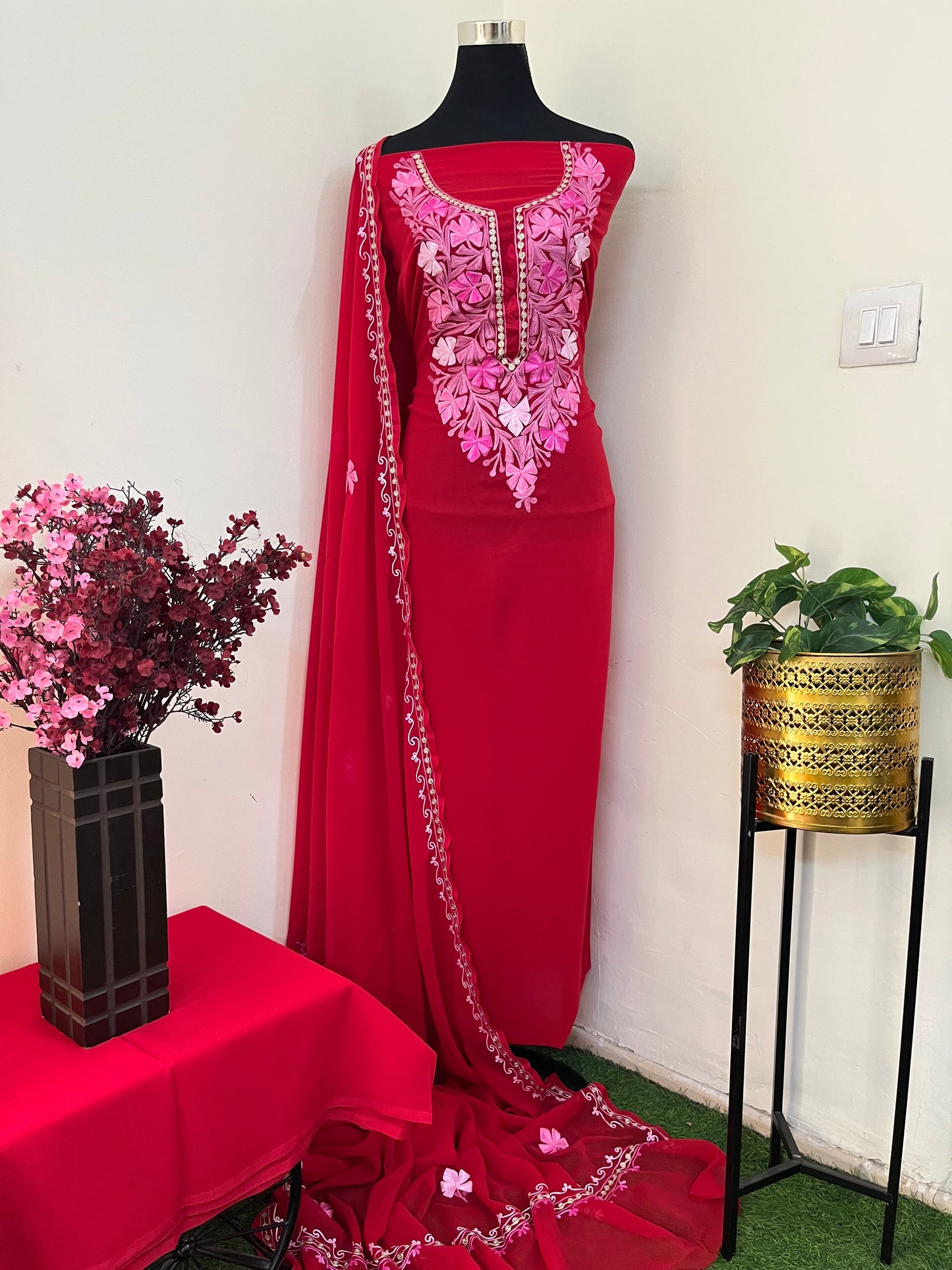 Red Georgette 3 Pc Aari Embroidered Suit Set