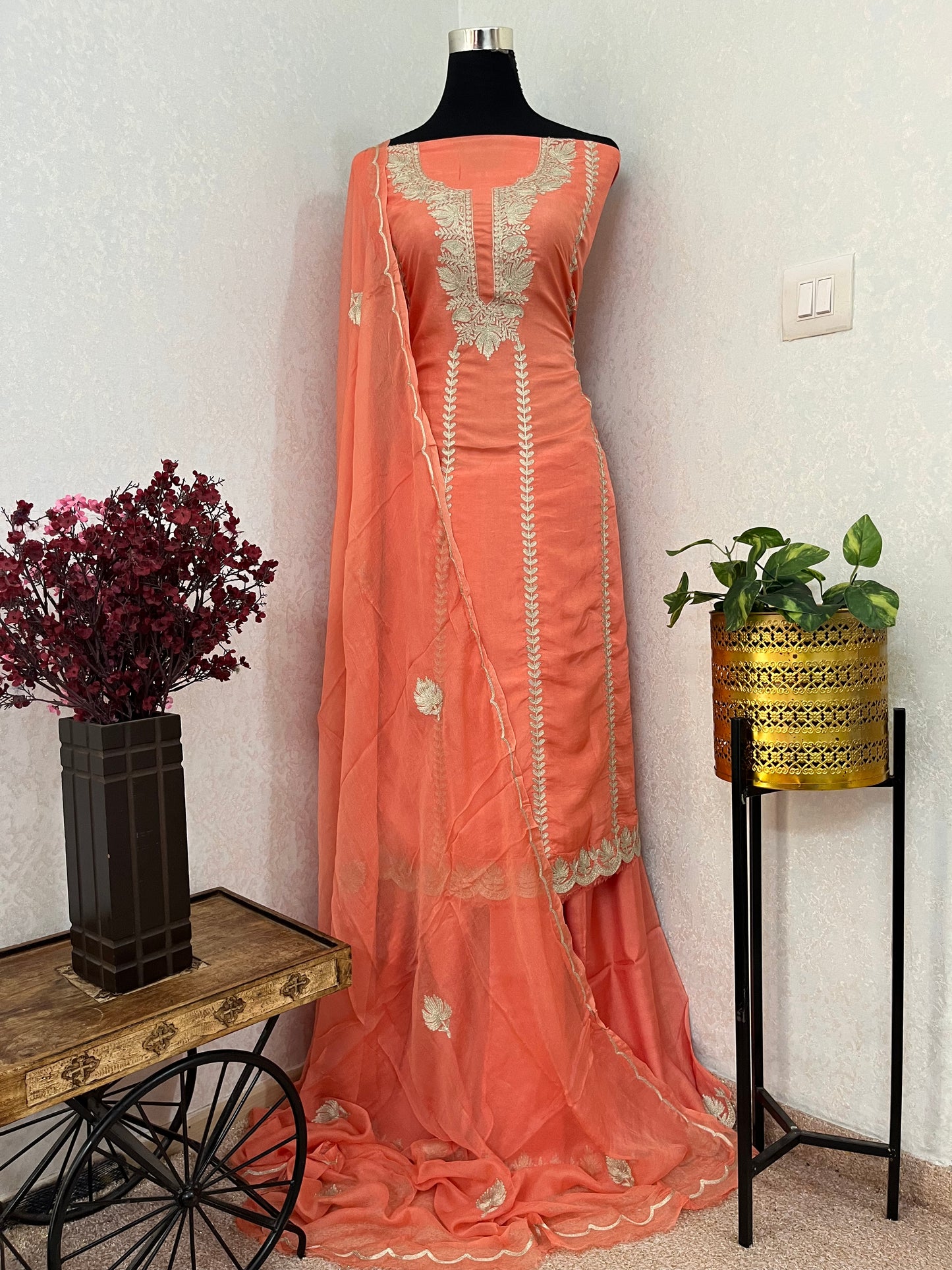 Sanam’ Peach Silk Tilla Embroidered Suit material