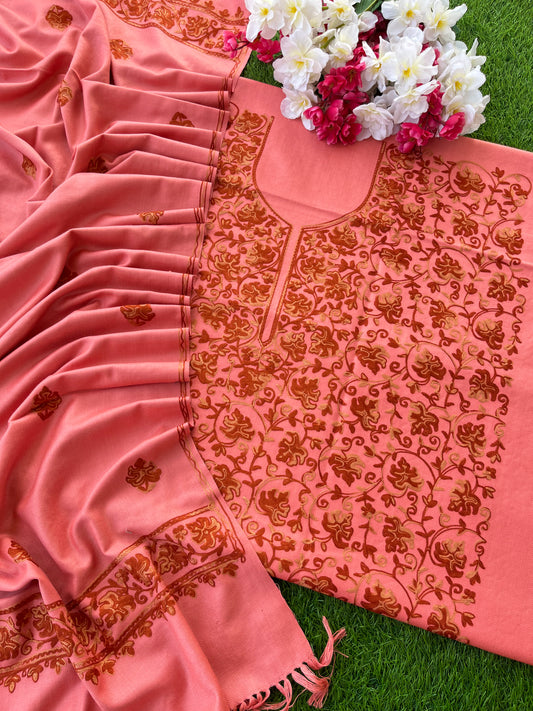 Pink Woollen Aari Embroidered 3pc Suit Stole