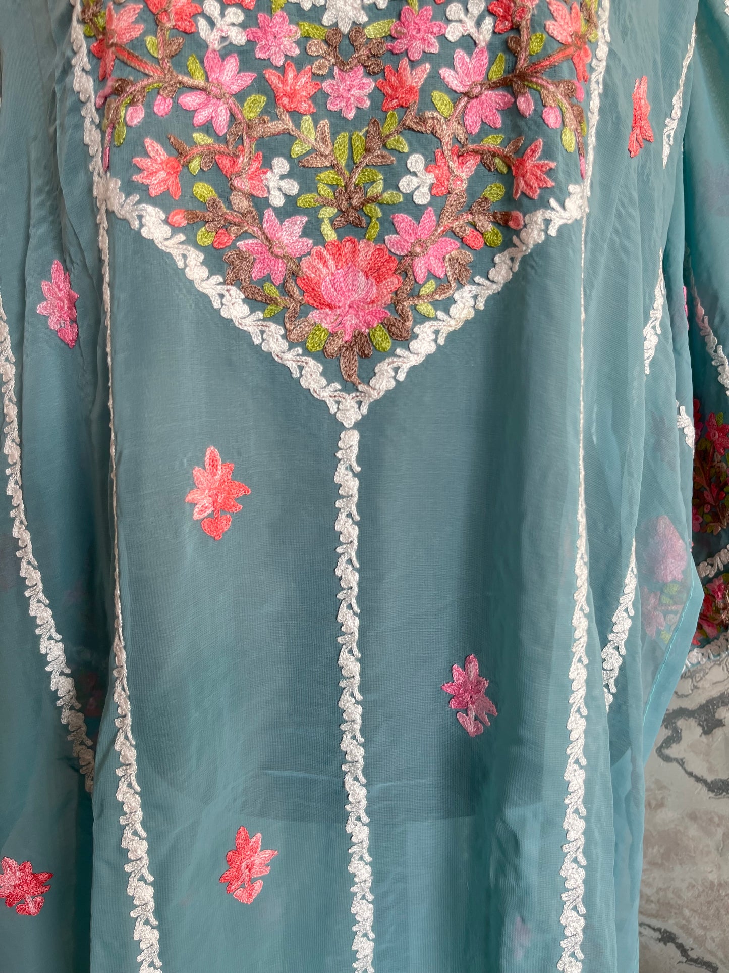 Sea Blue Georgette All over Work Aari Embroidered Unstitched Kurta Material